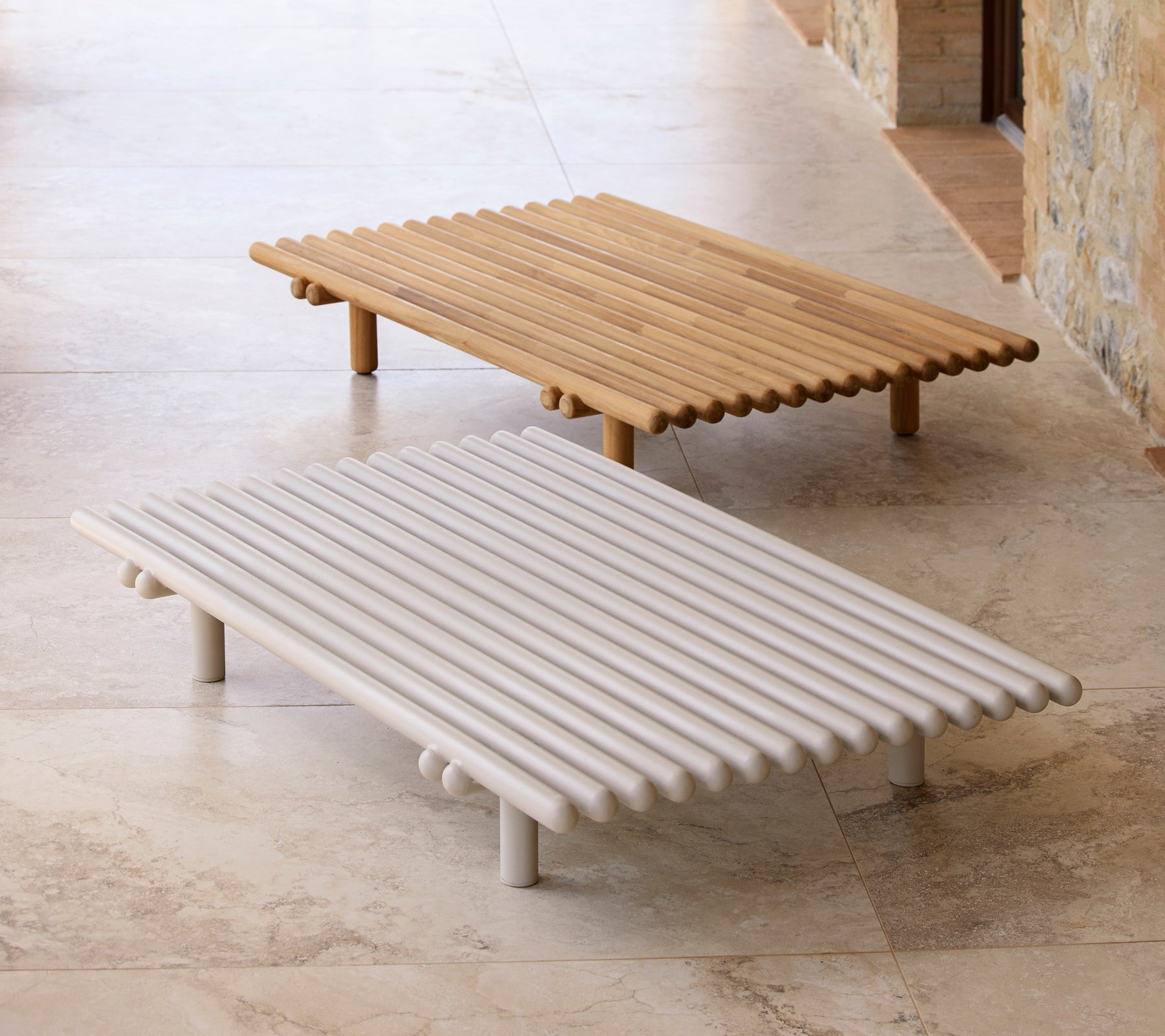 Two modern sticks platform coffee tables in natural wood and white finish, showcasing a sleek, minimalist design.