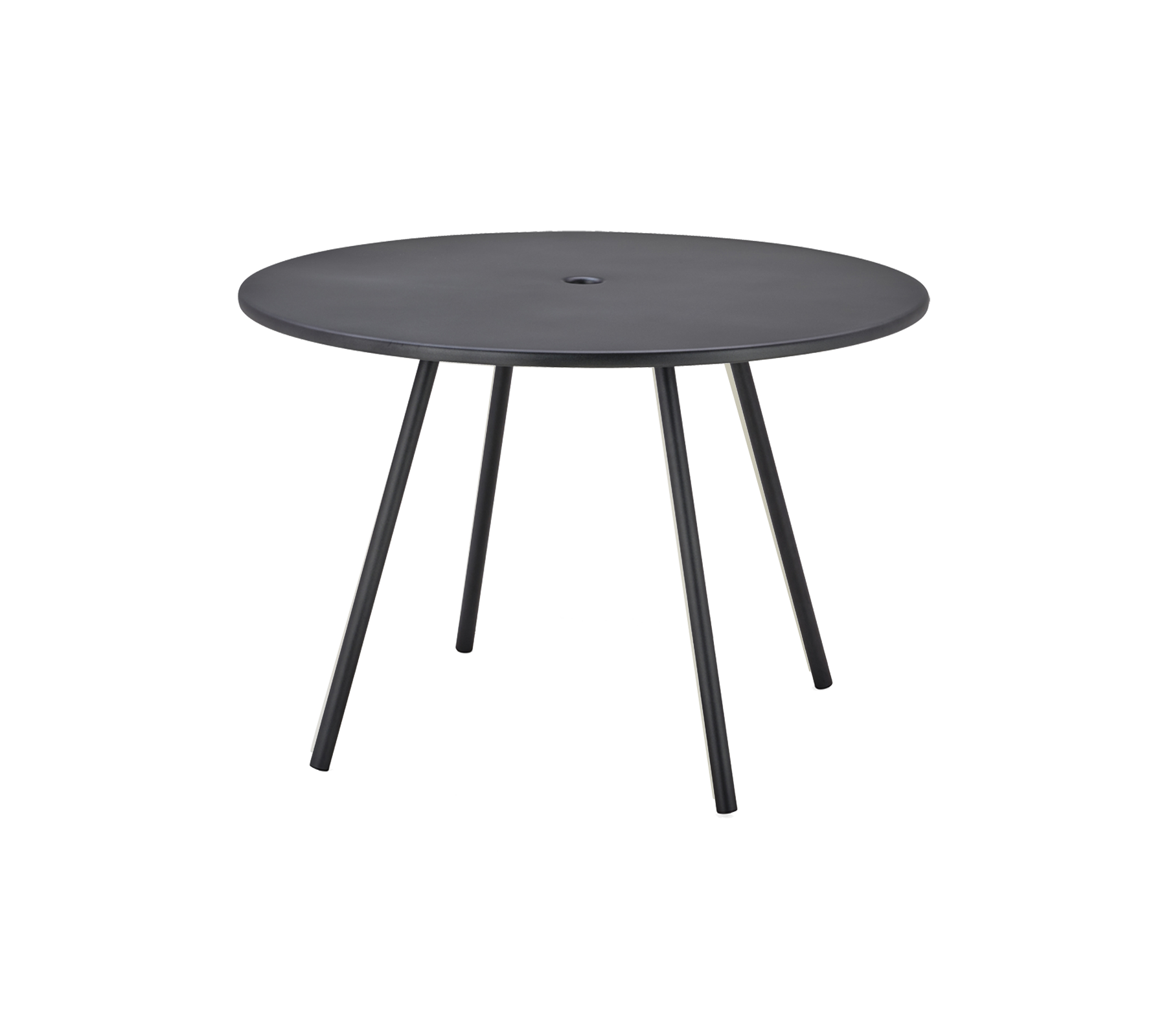 Round black table with a smooth surface and three slender legs, designed for versatile use.