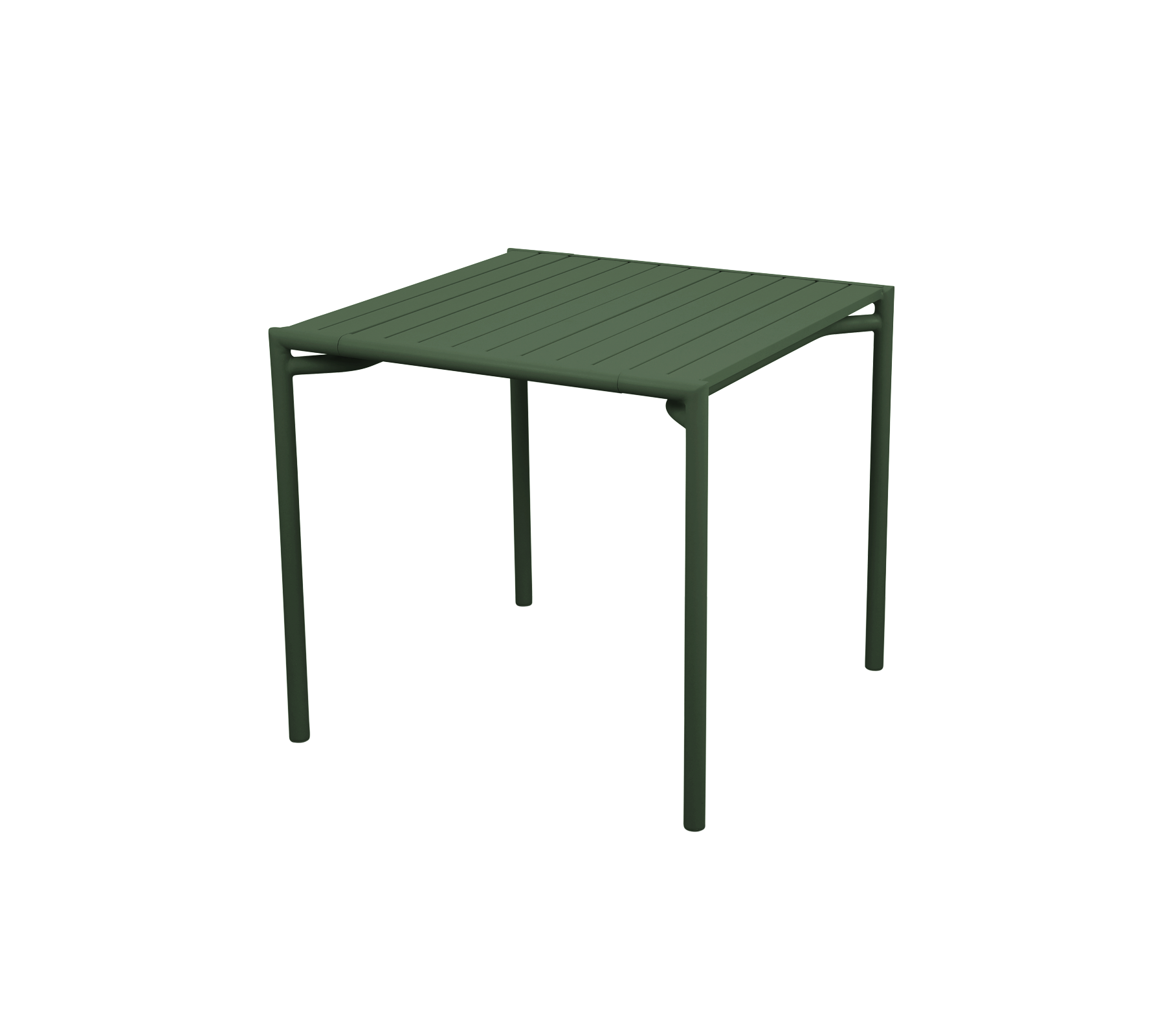 Square table with a slatted surface and sturdy green legs, designed for versatile use in various settings.
