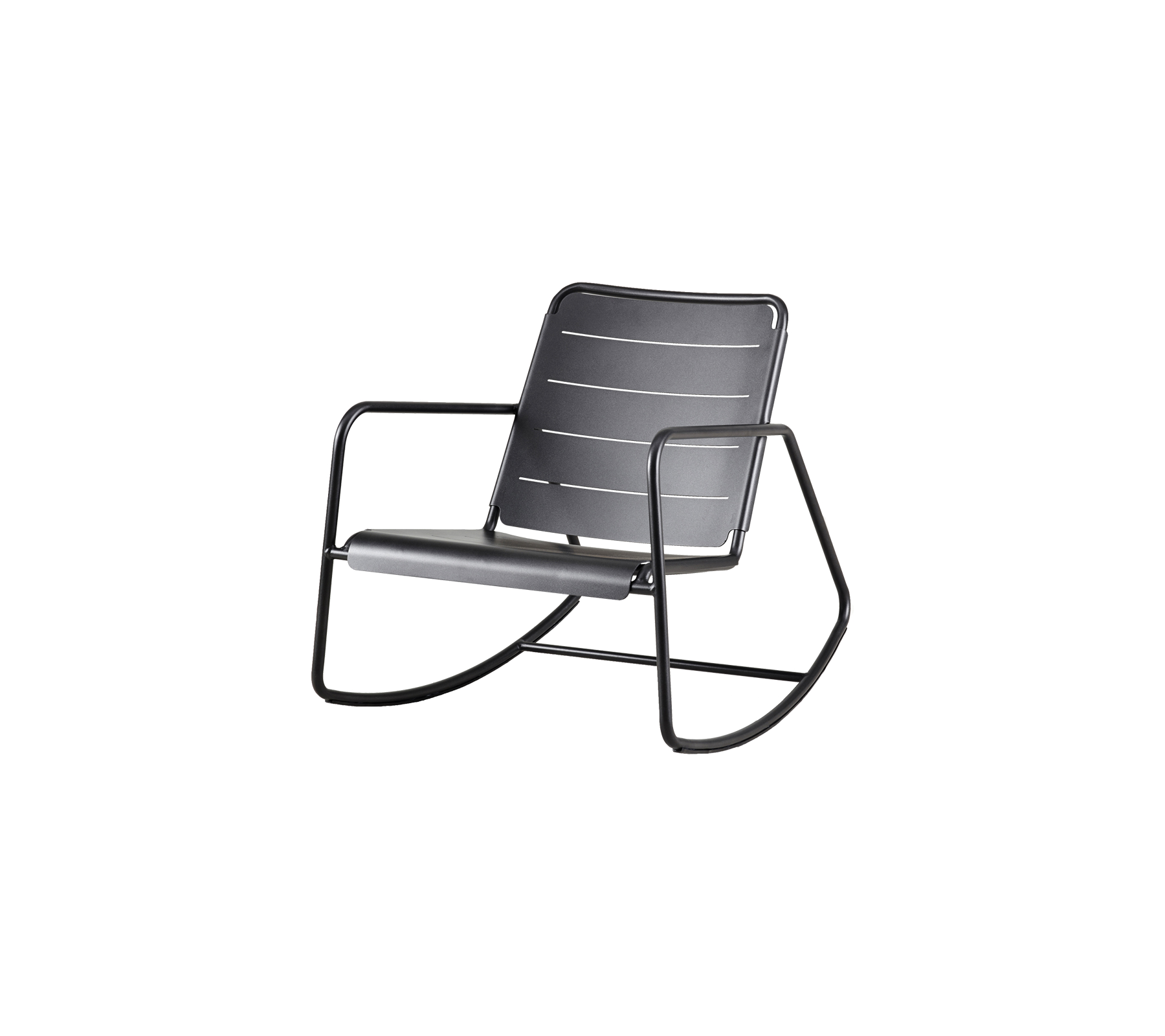 A modern rocking chair featuring a sleek black frame and a simple, clean design with slatted styling on the seat and backrest.