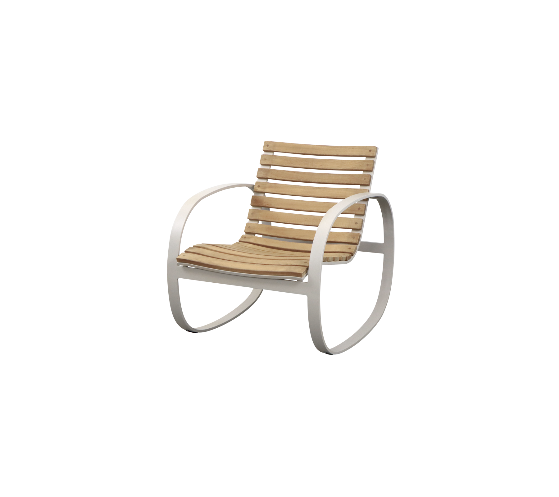 Stylish rocking chair featuring a slatted wooden seat and a sleek, curved metal frame. Ideal for relaxed seating and comfort.