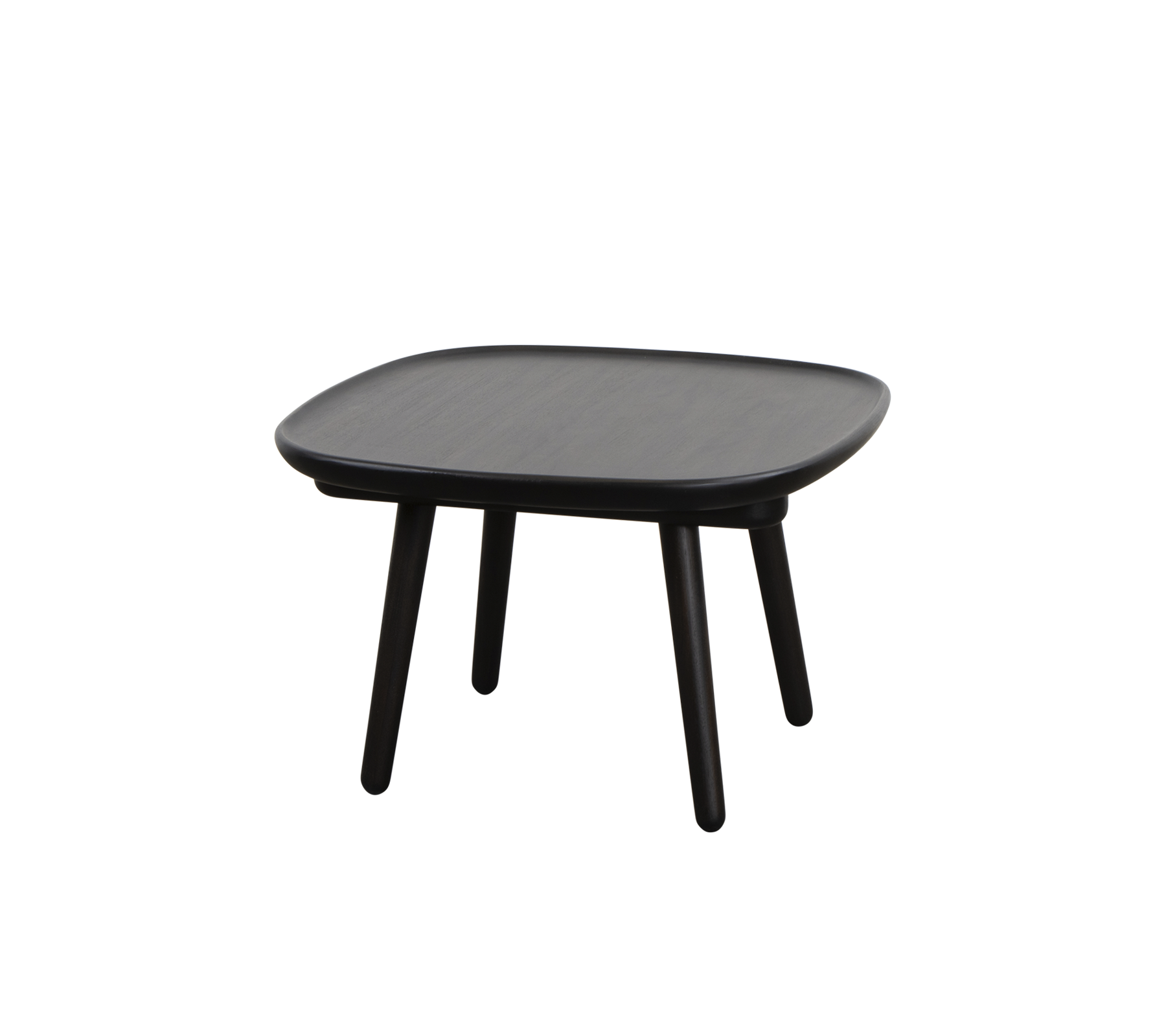 Square black table with a smooth surface and four slender legs, designed for versatility and simplicity in style.