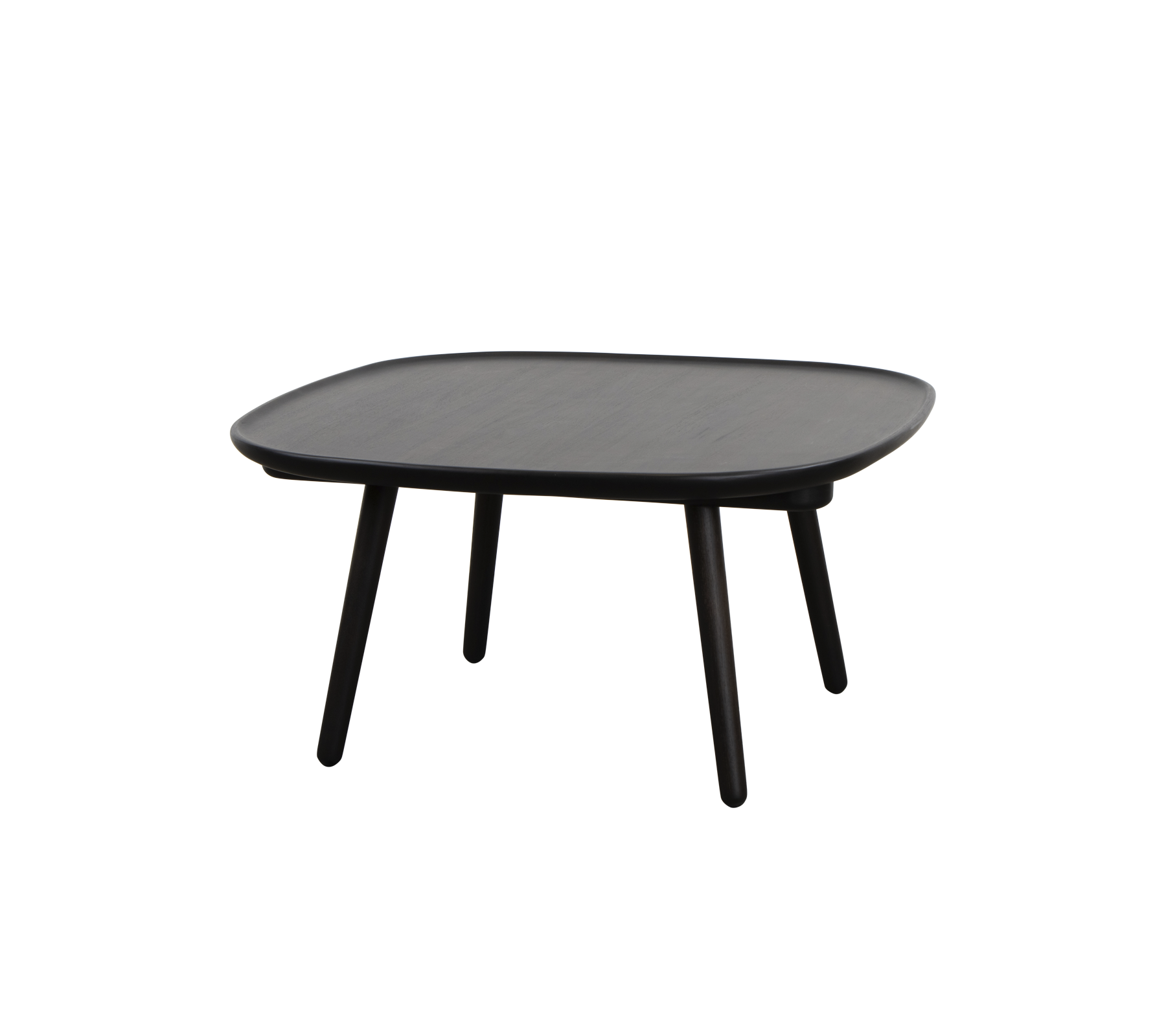 Square black table with a smooth surface and four slender legs, designed for versatile use in various settings.