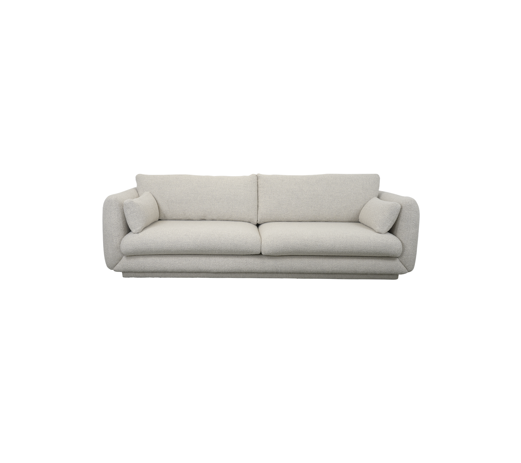 A modern, light-colored sofa with plush cushions and two decorative pillows on either end, designed for comfort and style.