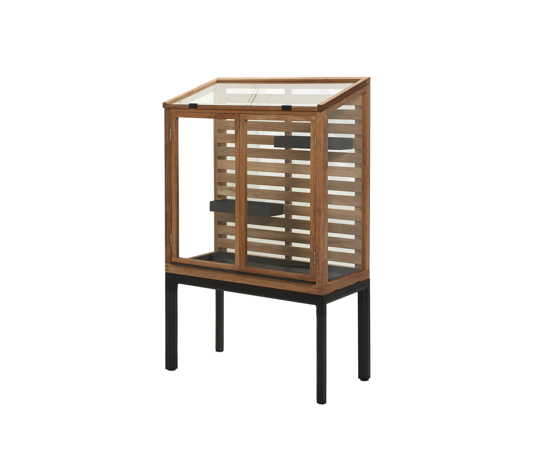 Stylish display cabinet featuring a wooden frame with slatted design and a glass door, ideal for showcasing items.