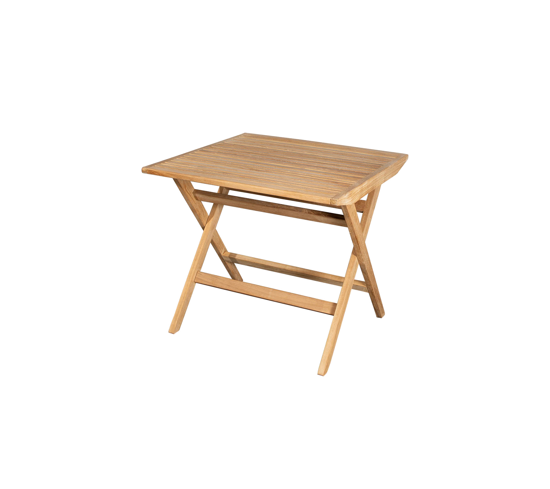 Compact wooden table with a slatted top and crossed legs, perfect for versatile use in various settings.
