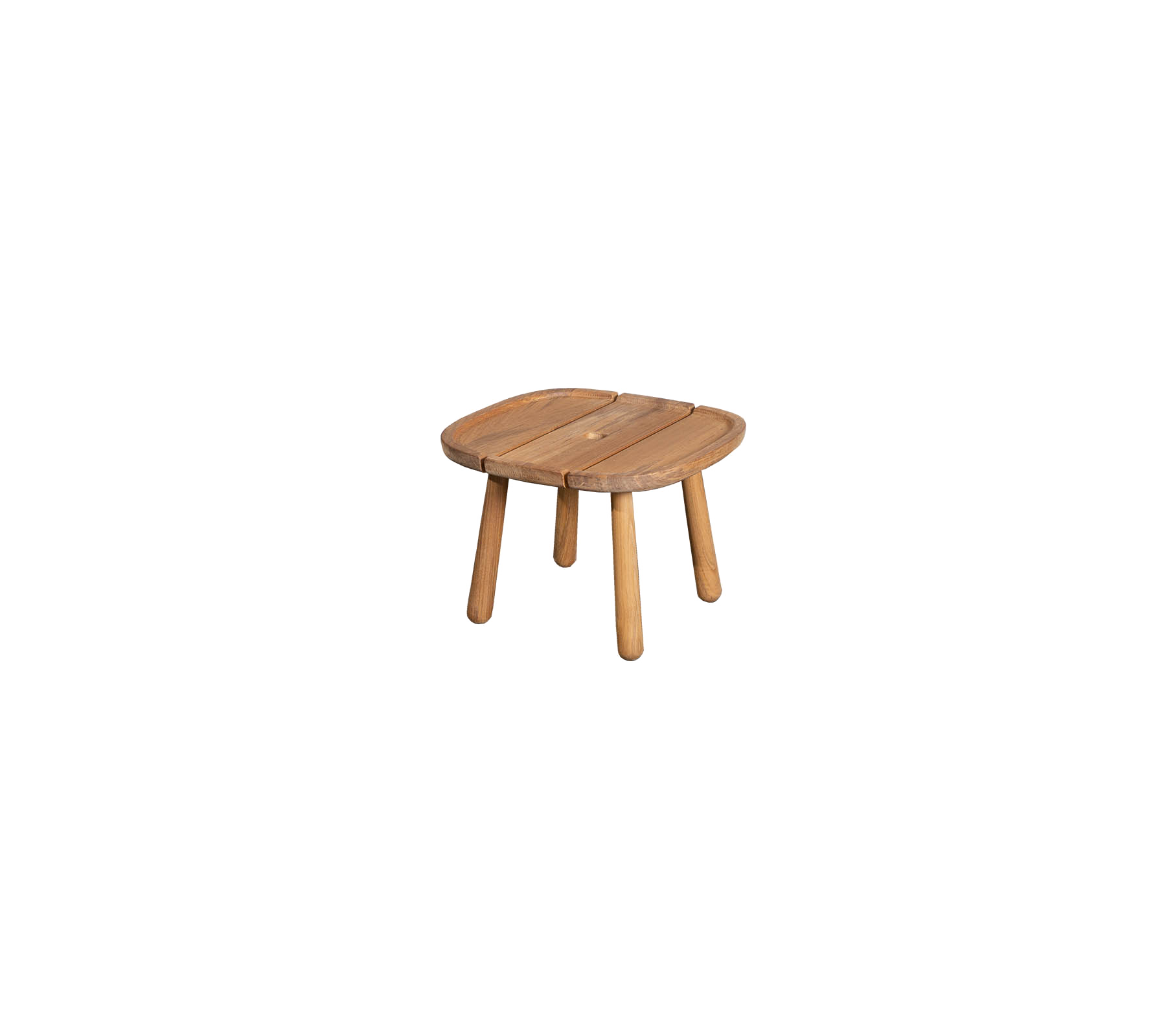 Small wooden table with a rounded square top and four sturdy legs, perfect for various uses in a stylish setting.