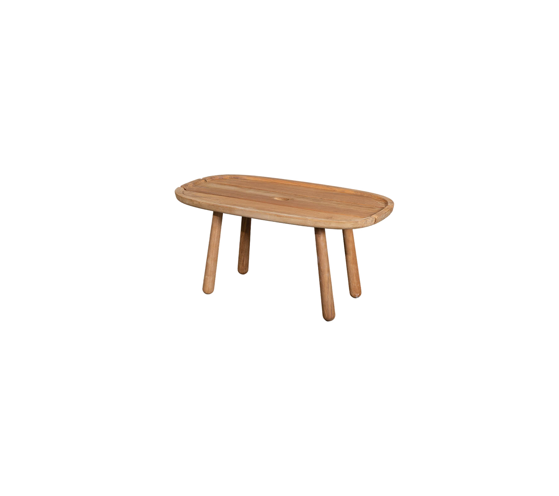 A wooden table with an oval top and four sturdy legs, designed for a modern or rustic aesthetic.