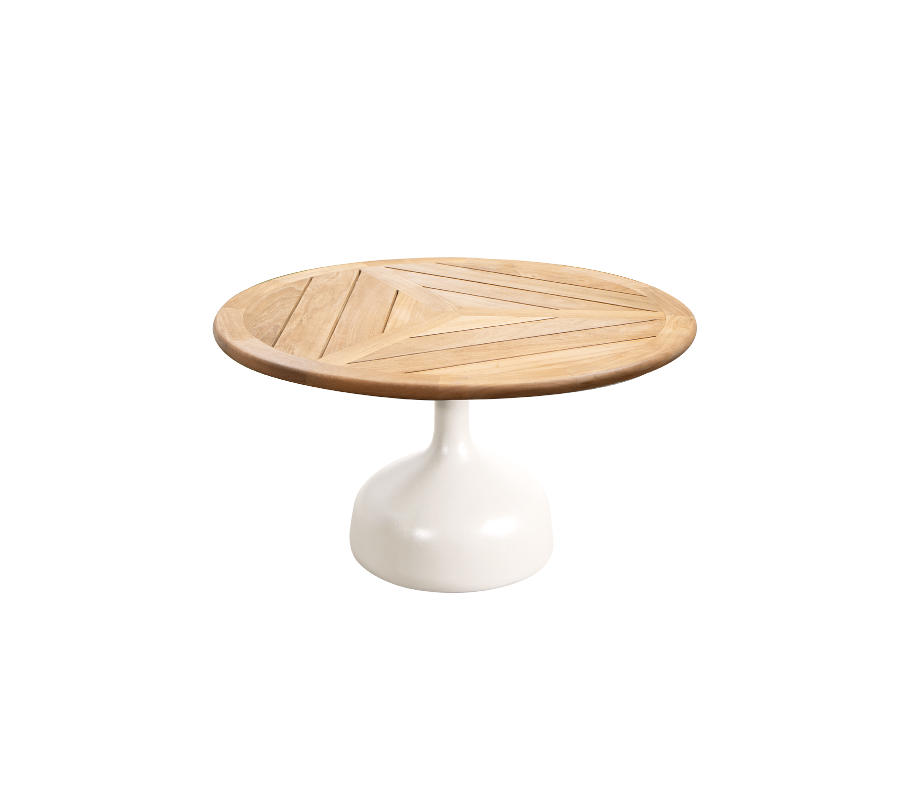 Round table featuring a wooden top with geometric patterns and a sleek white pedestal base. Ideal for modern and stylish spaces.