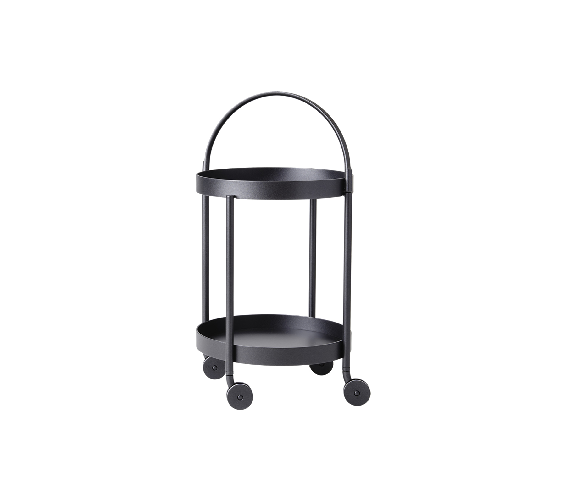 Black two-tiered serving cart on wheels with a curved handle and minimalist design, ideal for versatile storage and display.