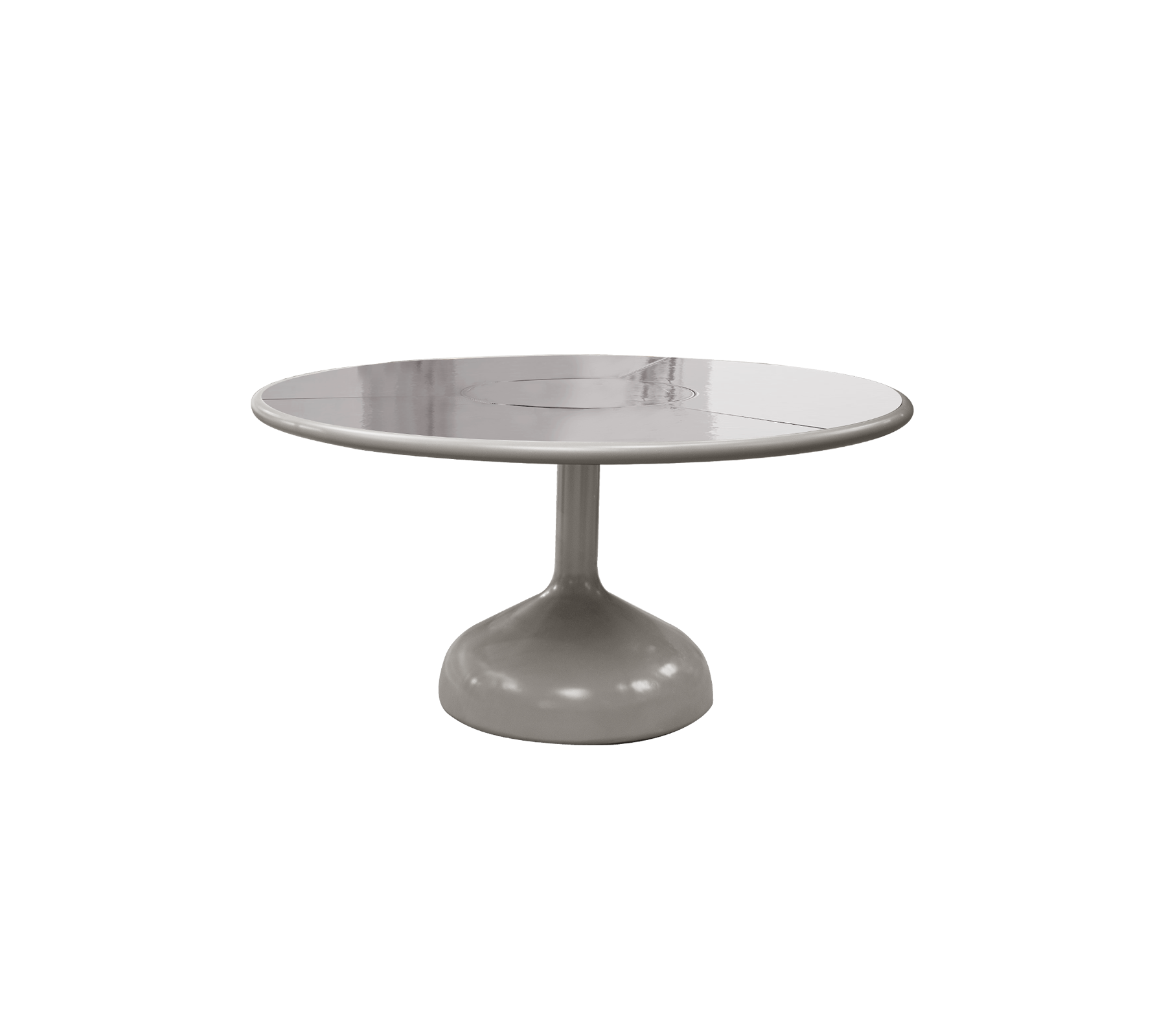 Round table with a smooth, glossy surface and a sturdy pedestal base, showcasing a modern and minimalistic design.