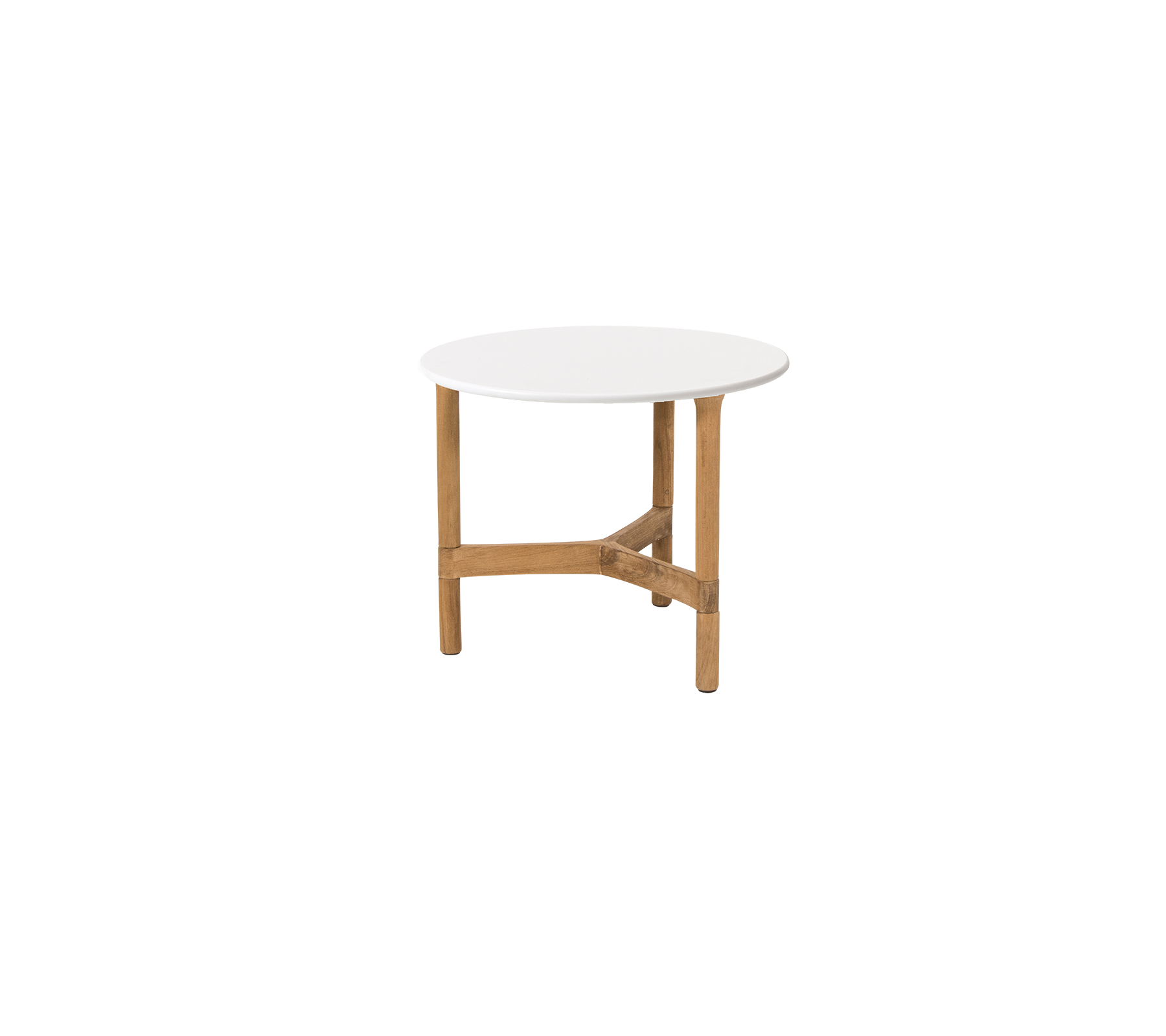 Round table with a white surface and wooden legs, featuring a sturdy crossbar for support. Ideal for various settings.