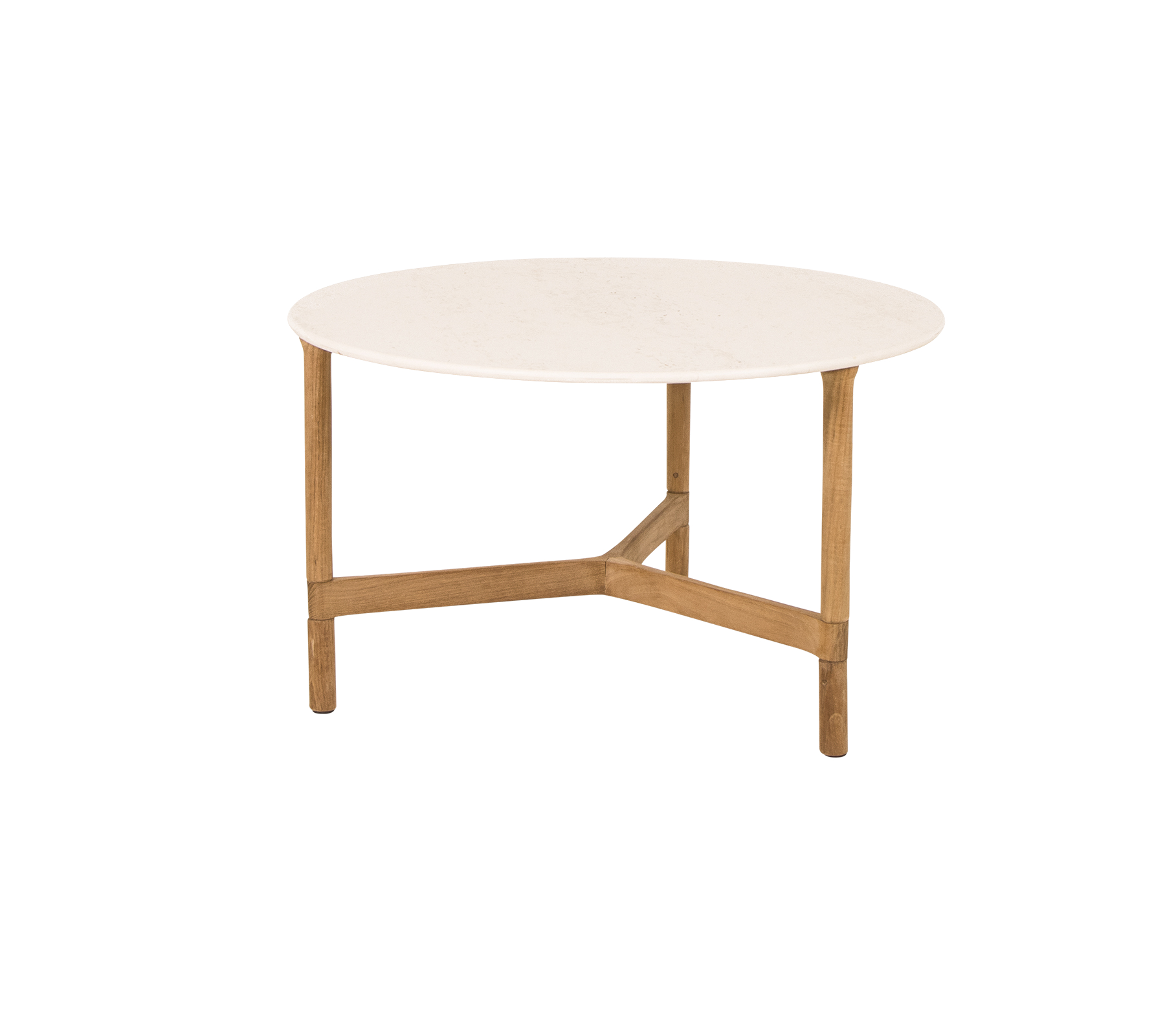 Round coffee table with a smooth white top and light wooden legs, featuring a modern and minimalist design.