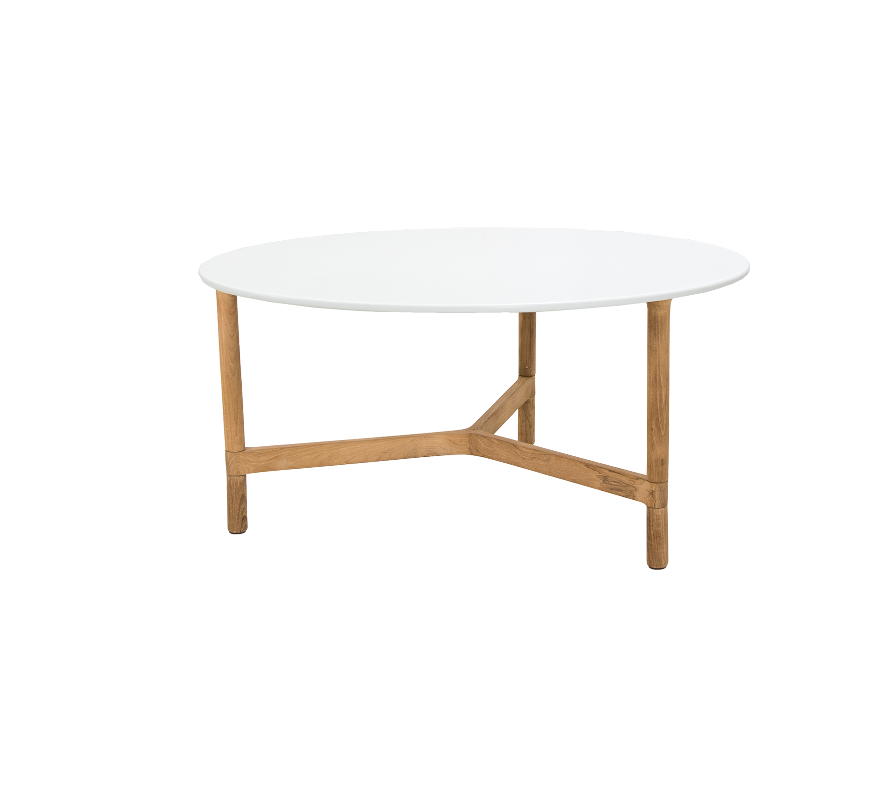 A round coffee table featuring a sleek white top supported by sturdy wooden legs with a unique cross design.