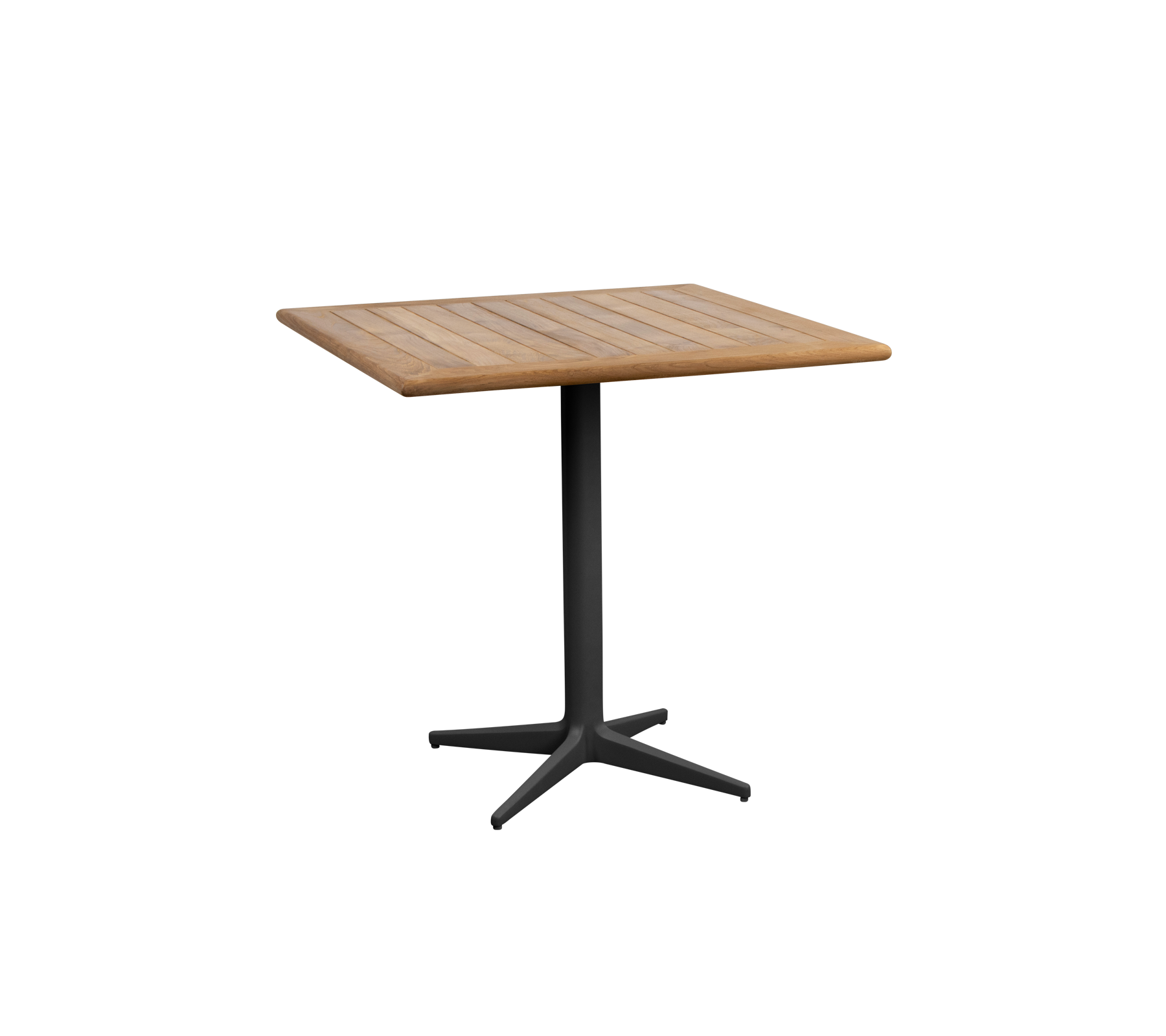 Square table with a wooden top and a sleek black pedestal base, ideal for various settings and gatherings.