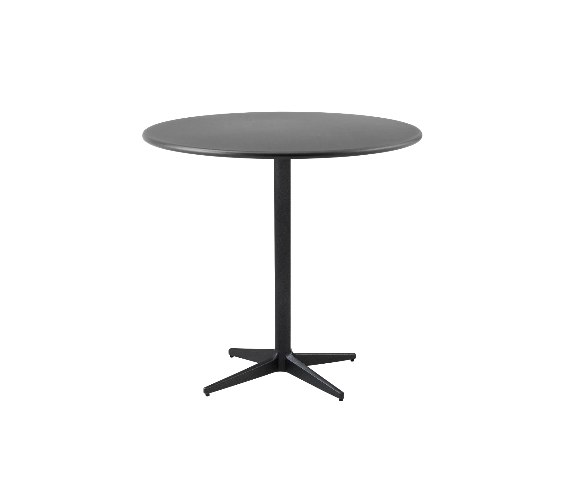 Round table with a sleek black finish and a minimalist design, featuring a sturdy central base for stability.