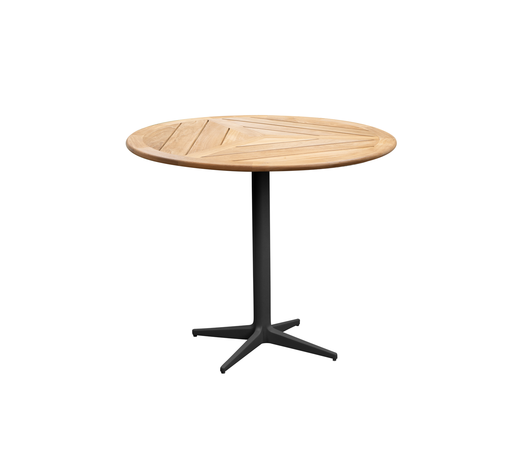 Round wooden table with a sleek design and a sturdy black base, perfect for various settings. Ideal for casual dining or gatherings.