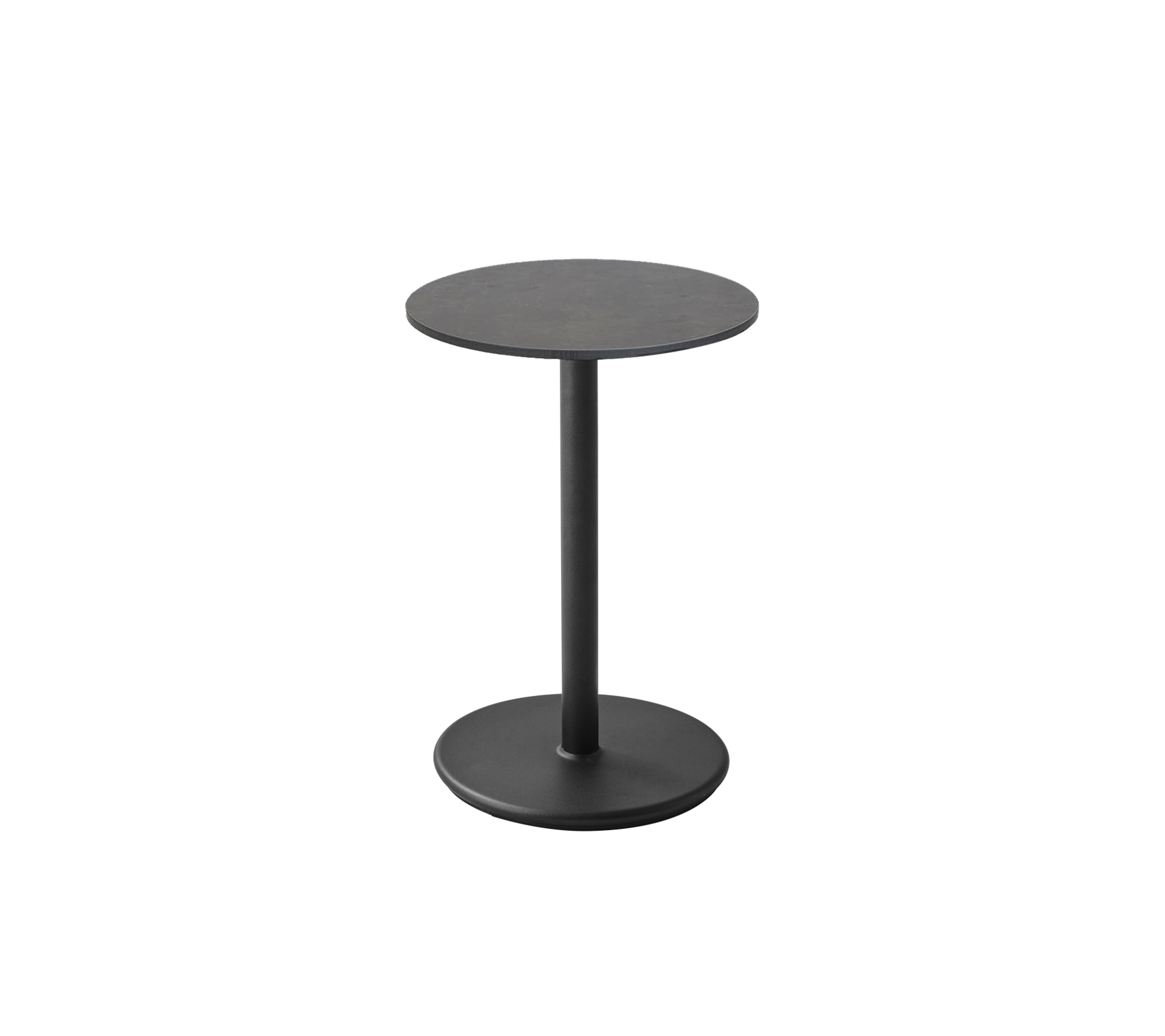 A sleek black side table featuring a circular top and sturdy base, perfect for versatile styling in various spaces.