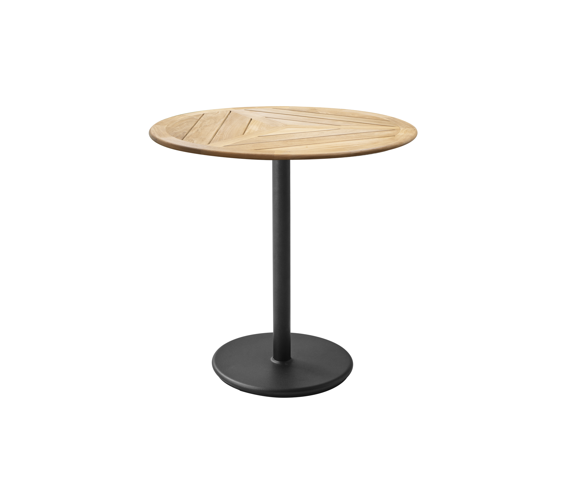 Round table with a wooden top featuring a geometric design and a metal base in a matte finish. Ideal for casual dining or gatherings.
