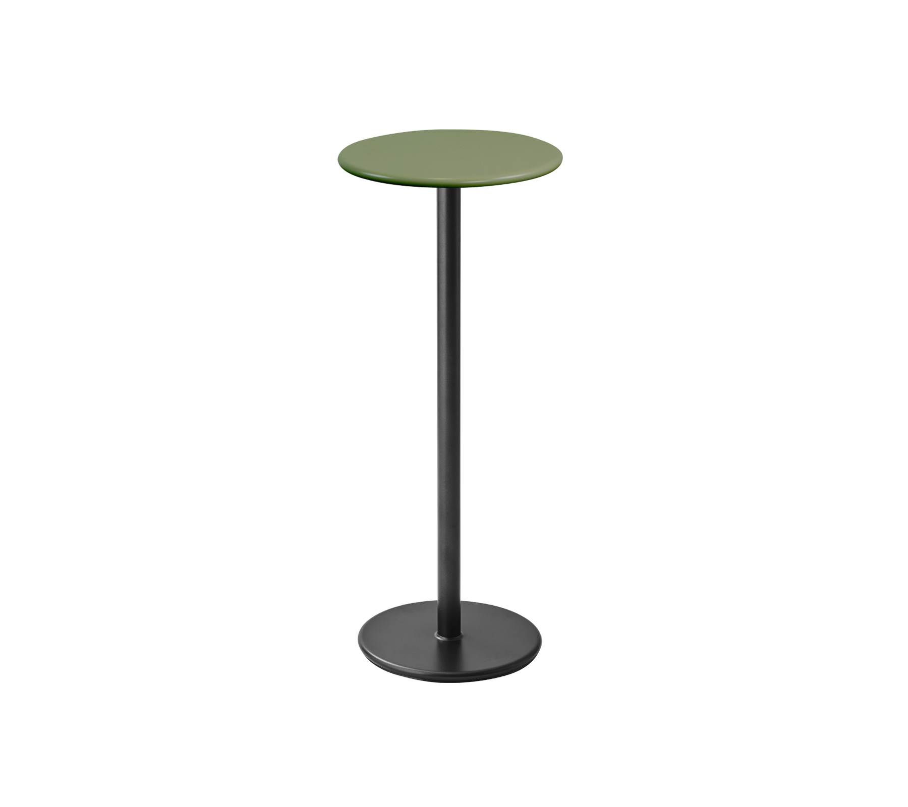 Tall, slender table with a circular green top and a black base, perfect for casual settings or social gatherings.