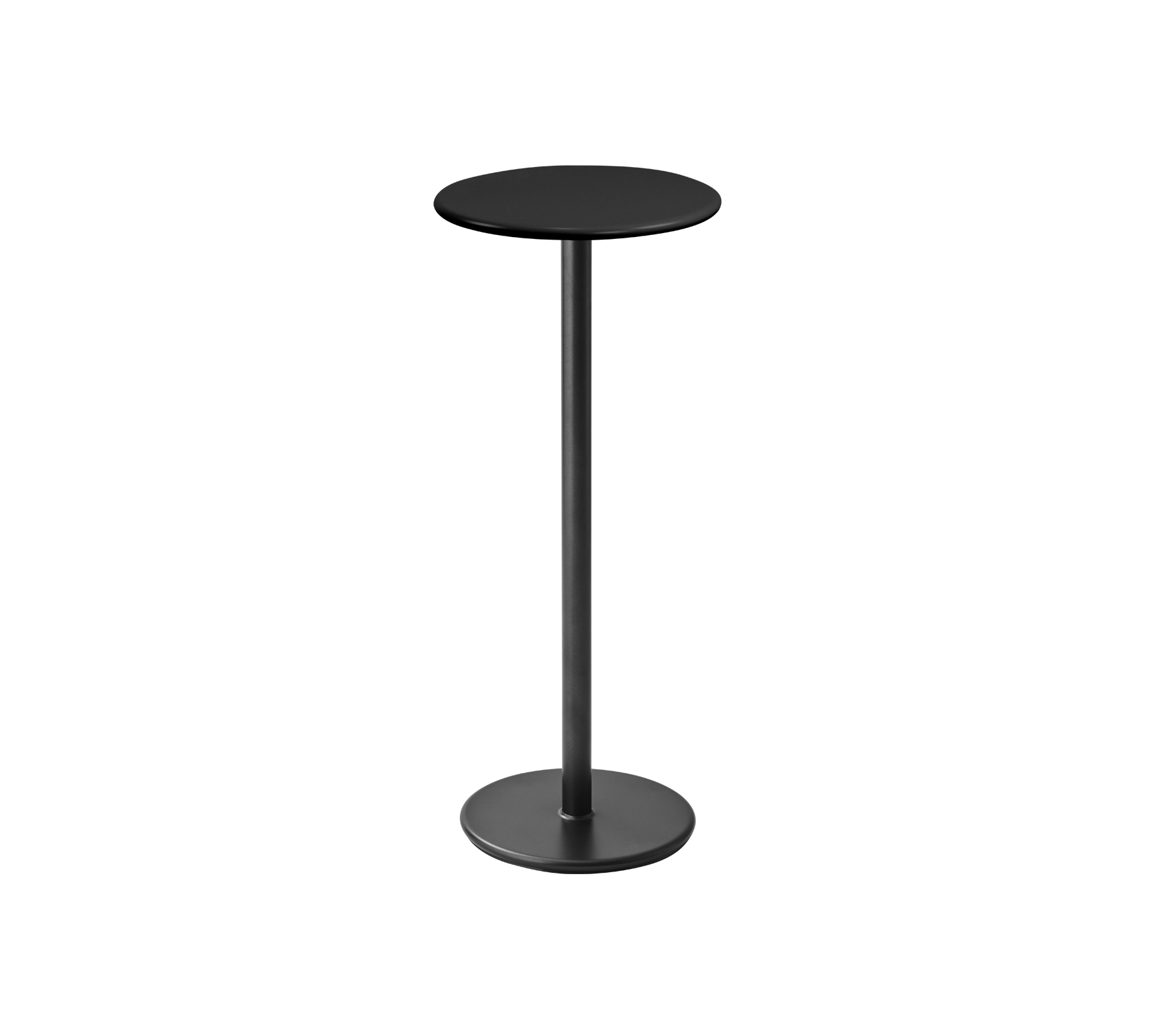 A sleek, modern round table with a black top and slender black pedestal base, ideal for casual dining or drinks.