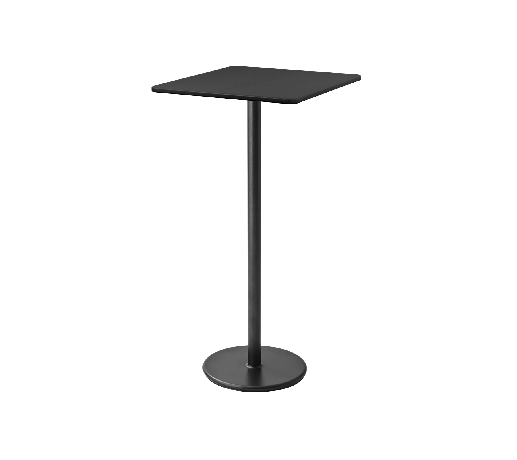 Black, modern pedestal table with a square top and sturdy circular base, ideal for casual dining or gatherings.