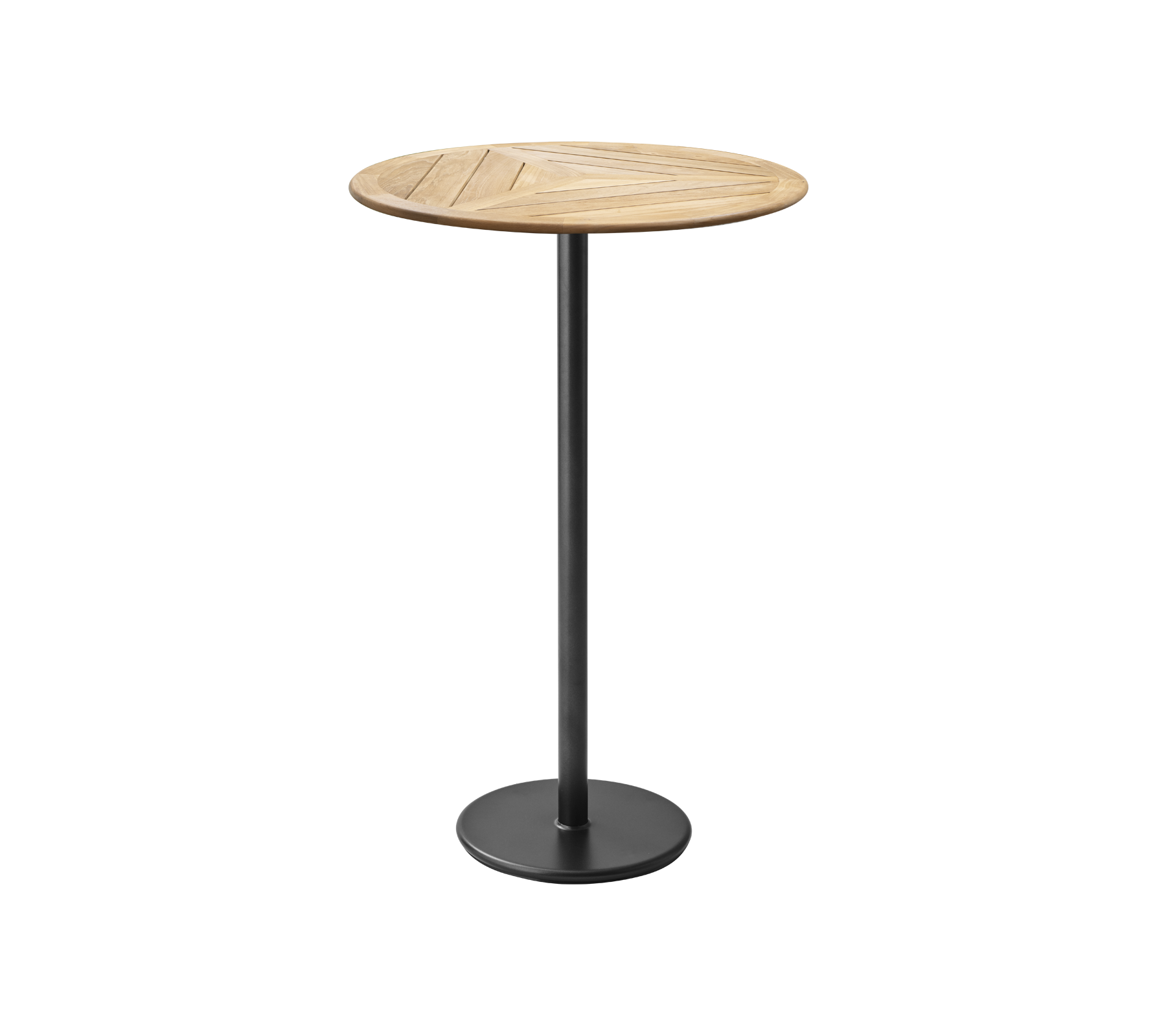 Round wooden table with a slatted top, supported by a sleek black metal pedestal base. Ideal for casual dining or social gatherings.