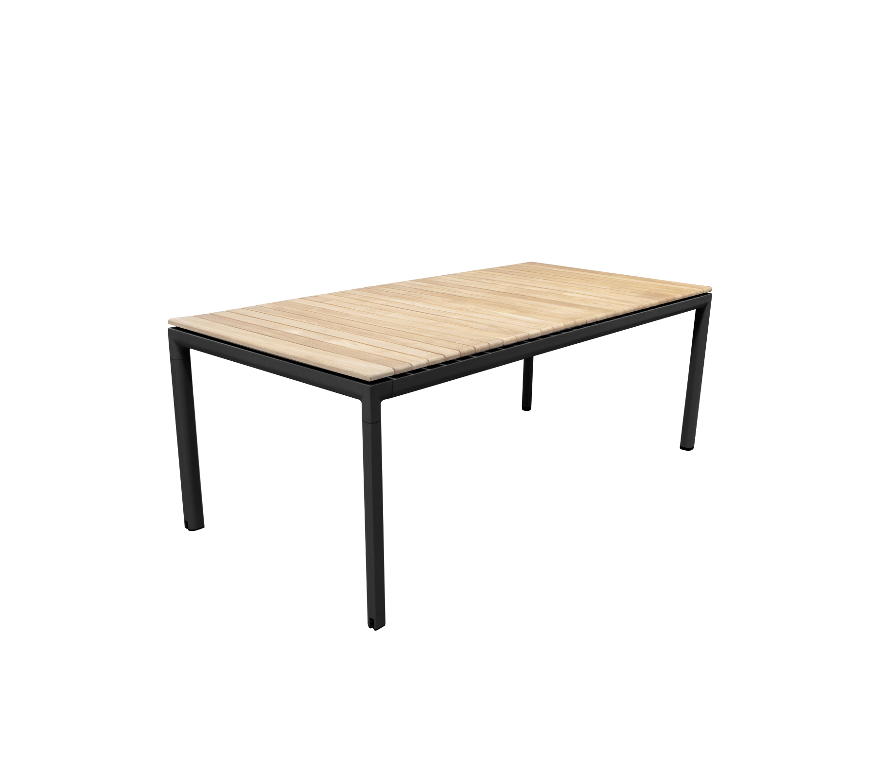 A modern table with a sleek black metal frame and a light wood surface, designed for versatile use.
