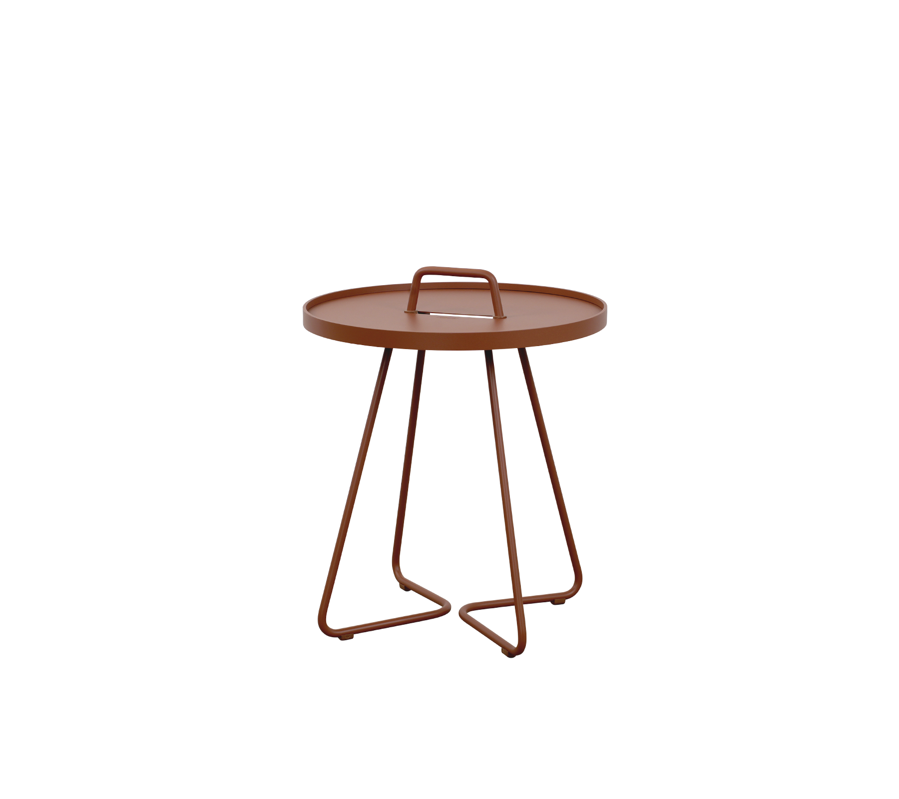 Round tray table with a sleek design, featuring a handle and three slender legs, finished in a warm brown color.