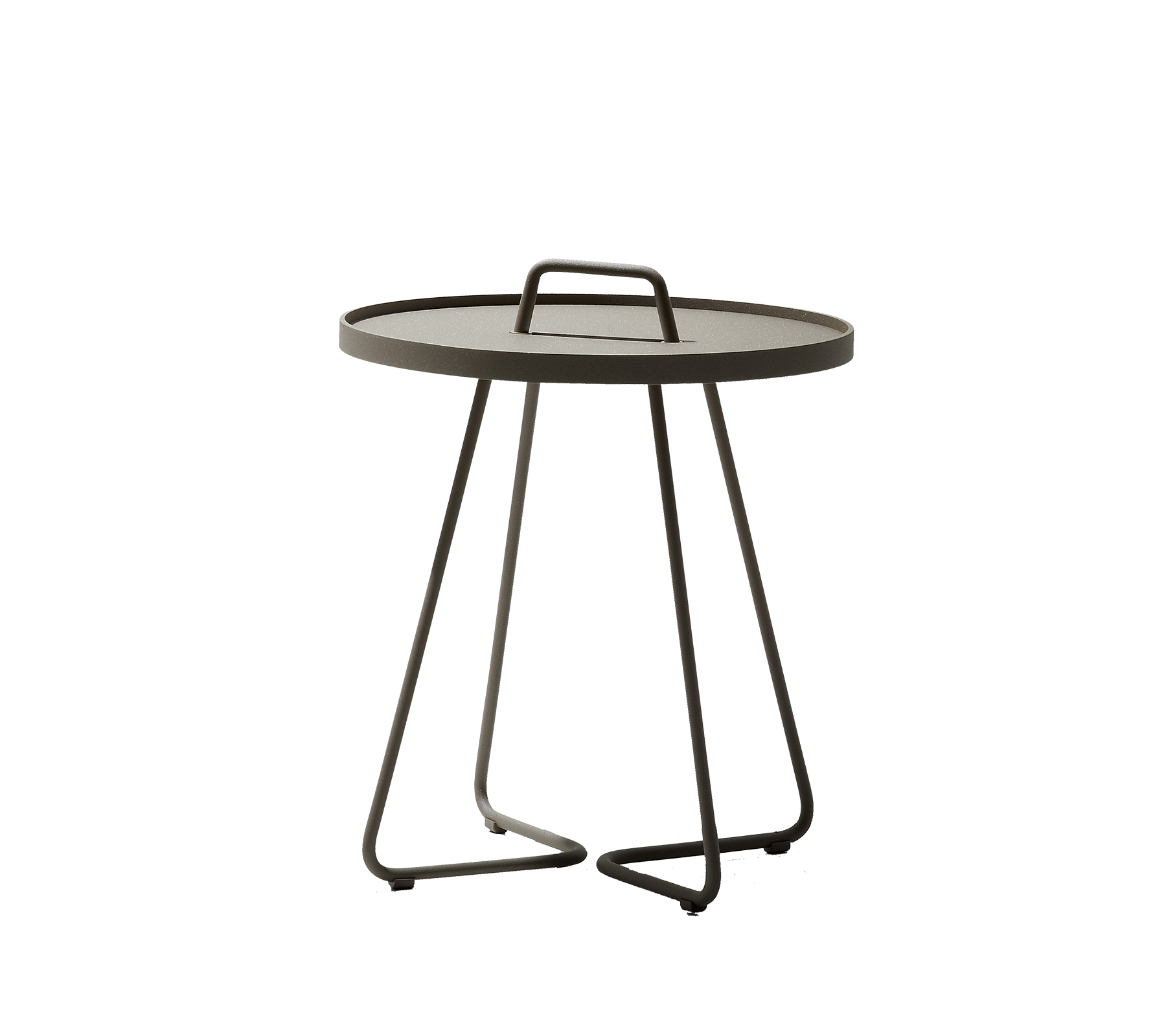 Round table with a sleek design, featuring a carrying handle and a minimalist base. Perfect for any modern setting.