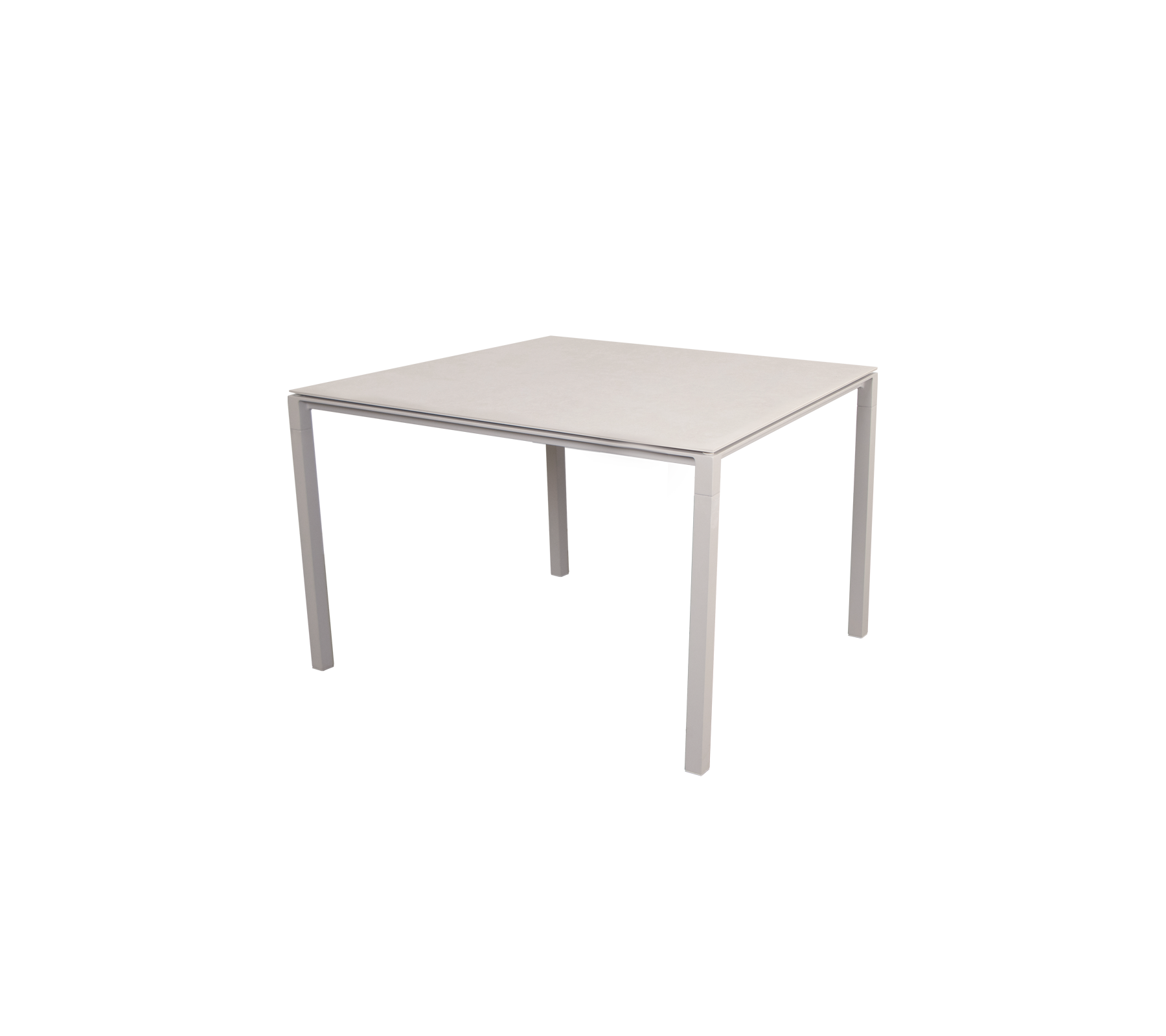 Square table with a sleek, minimalist design, featuring a flat surface and four sturdy legs, suitable for various settings.