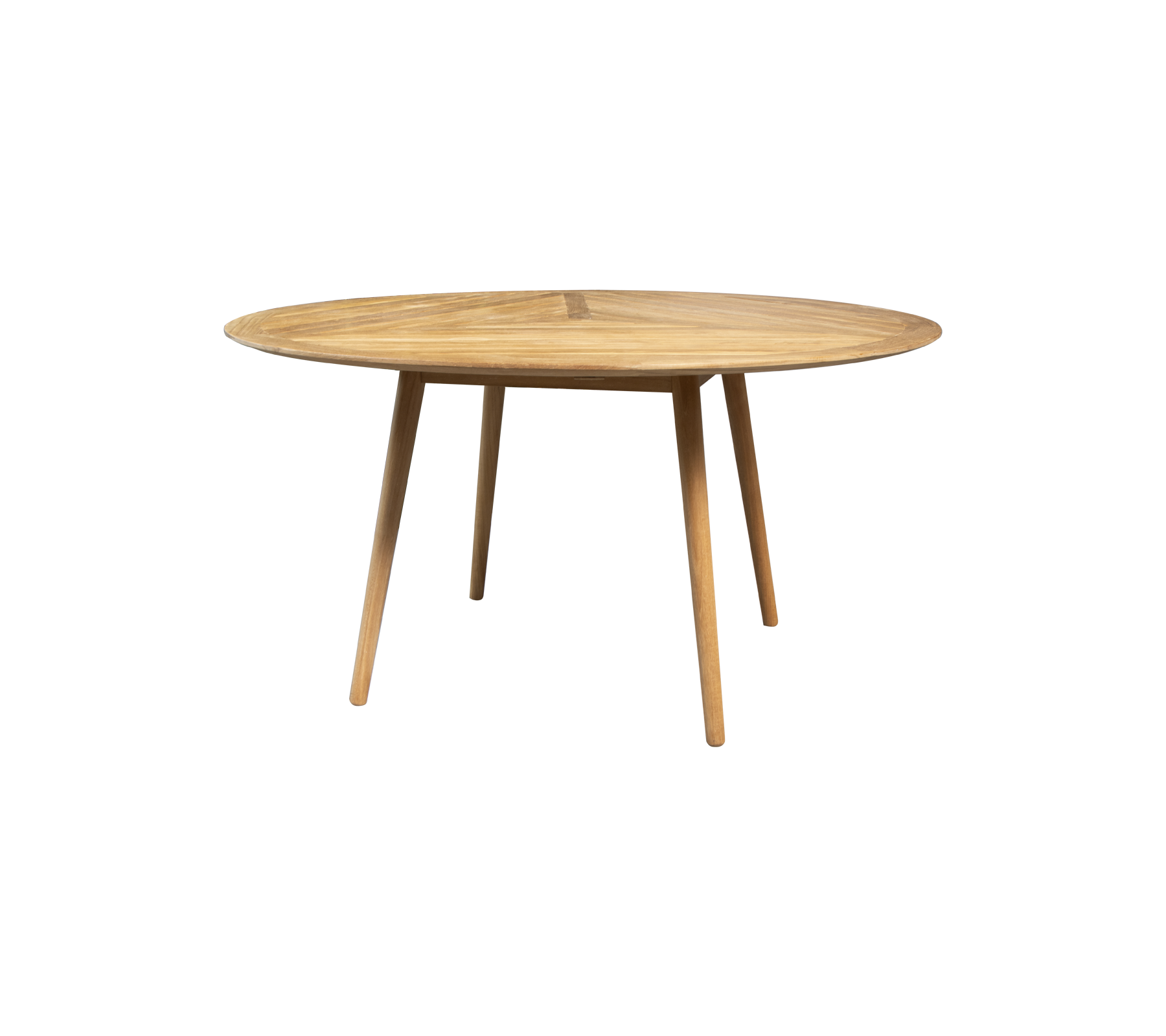 Round wooden table with a smooth surface and four tapered legs, designed for versatile dining or workspace arrangements.