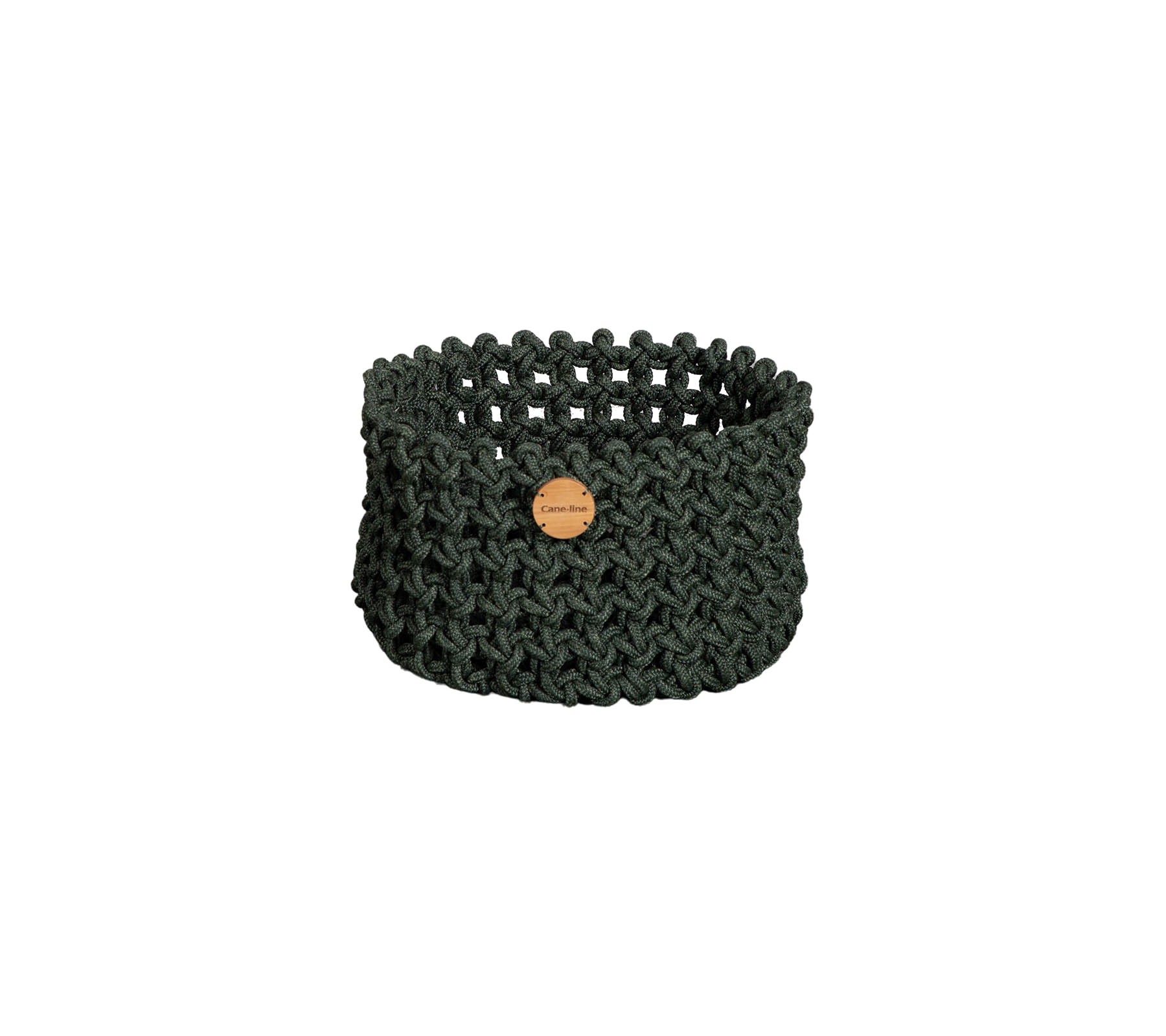 A textured green woven basket with a wooden tag, ideal for organizing and adding a touch of style to any space.
