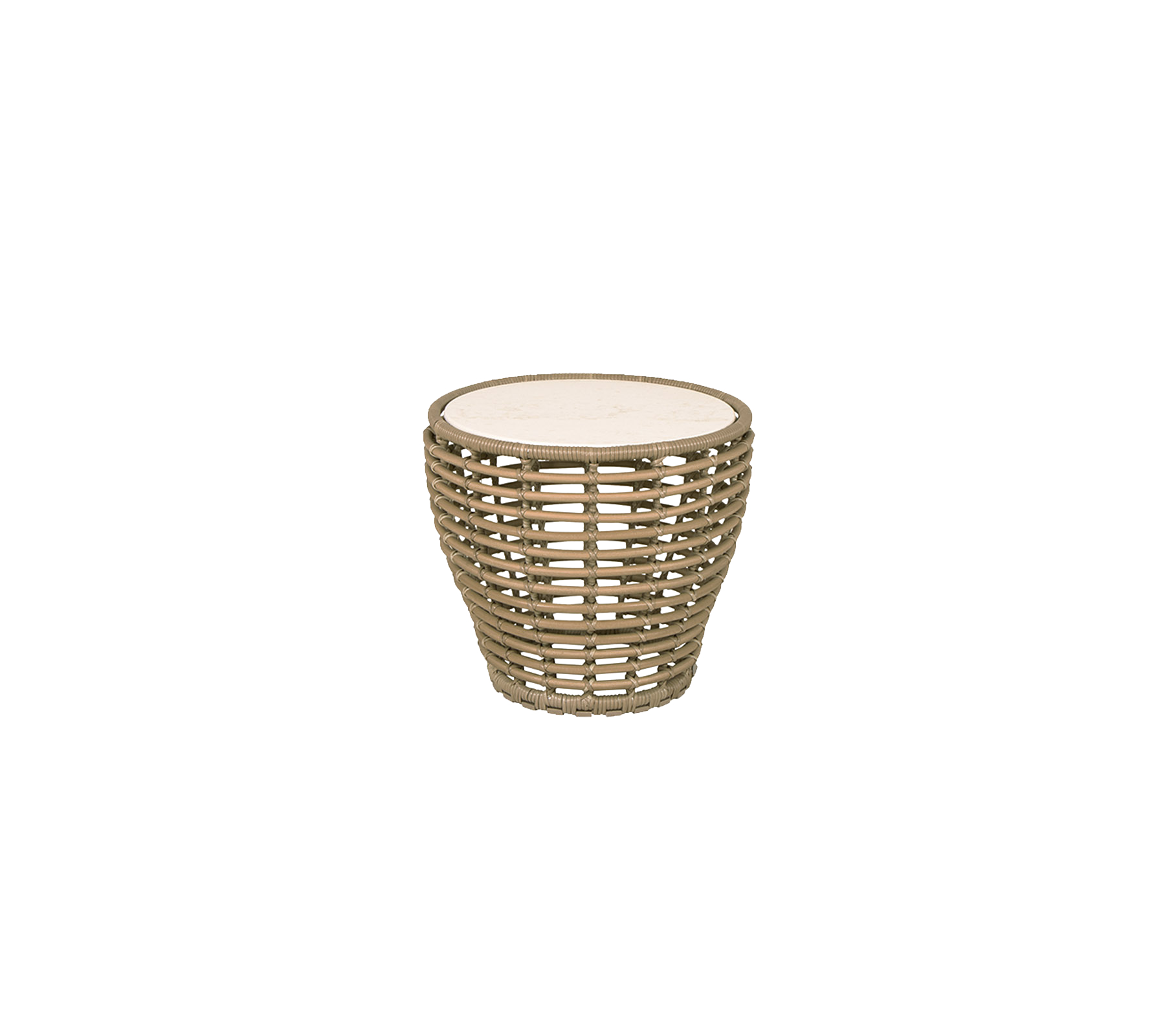 A decorative round side table with a unique woven design and a smooth top, suitable for various settings.