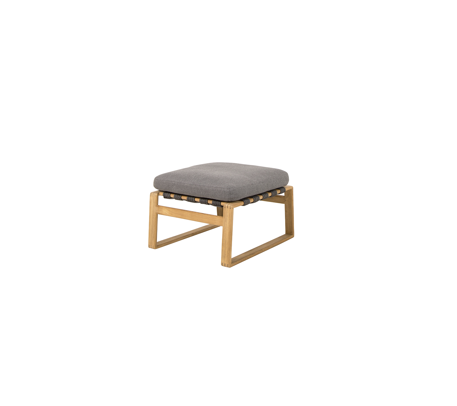 Square ottoman with a gray cushion atop a wooden frame, designed for comfort and style.