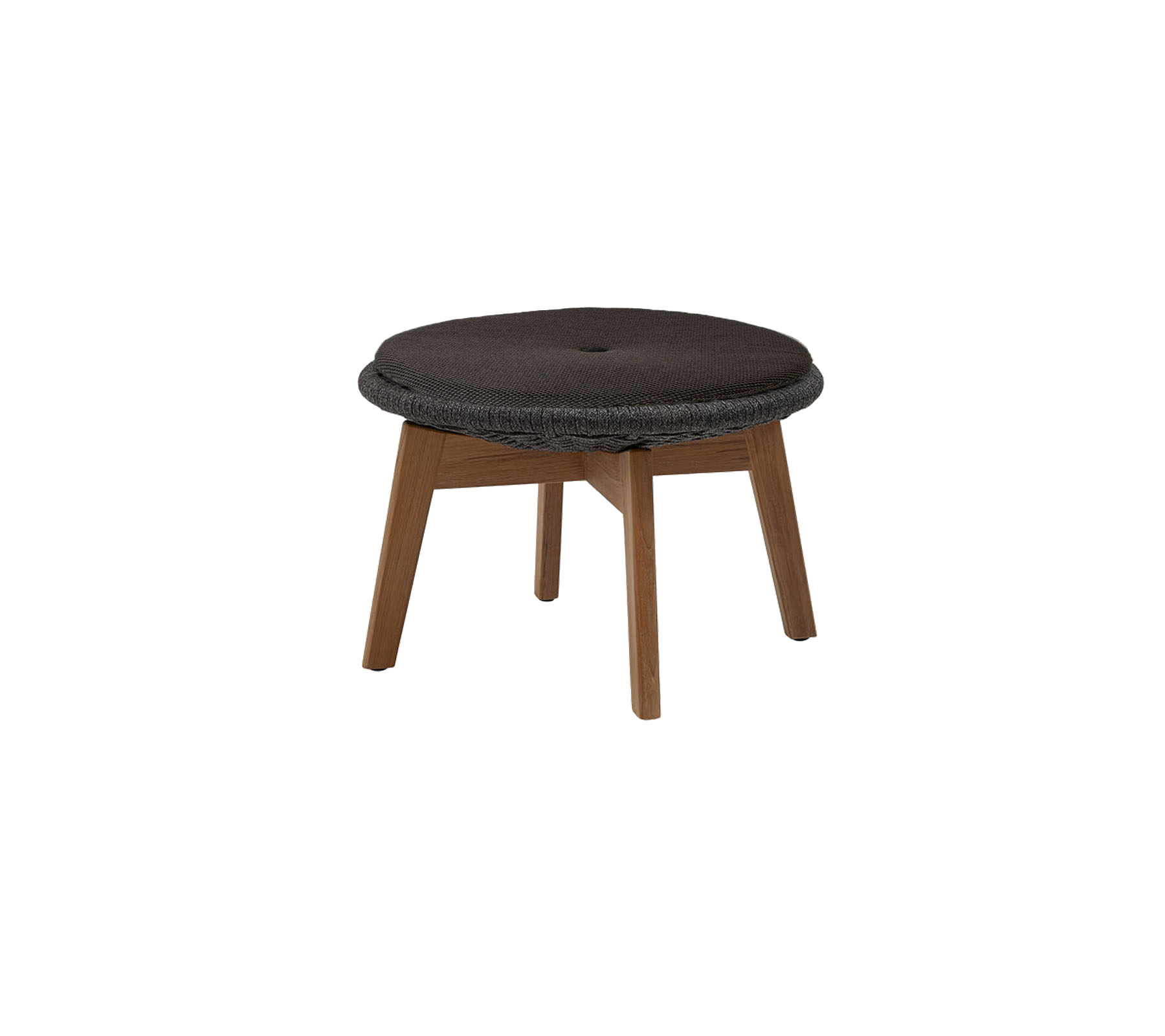 Round padded stool with a dark surface and wooden legs, designed for comfort and style. Ideal for versatile seating arrangements.
