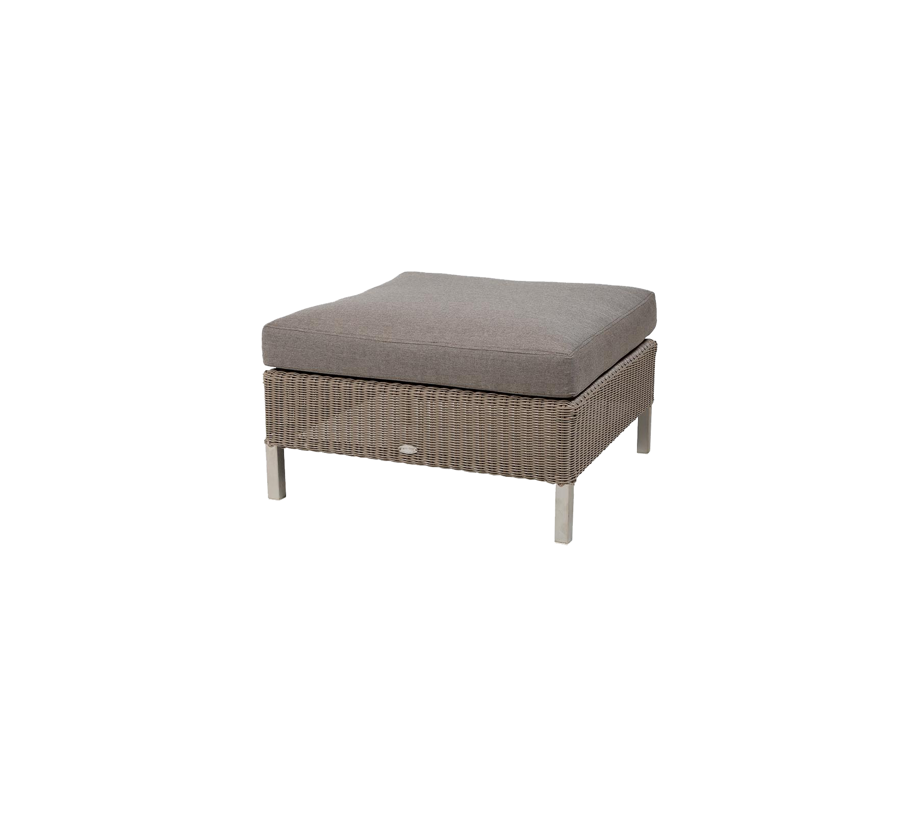 Stylish square ottoman with a soft gray cushion and woven base, ideal for adding comfort and elegance to any seating area.