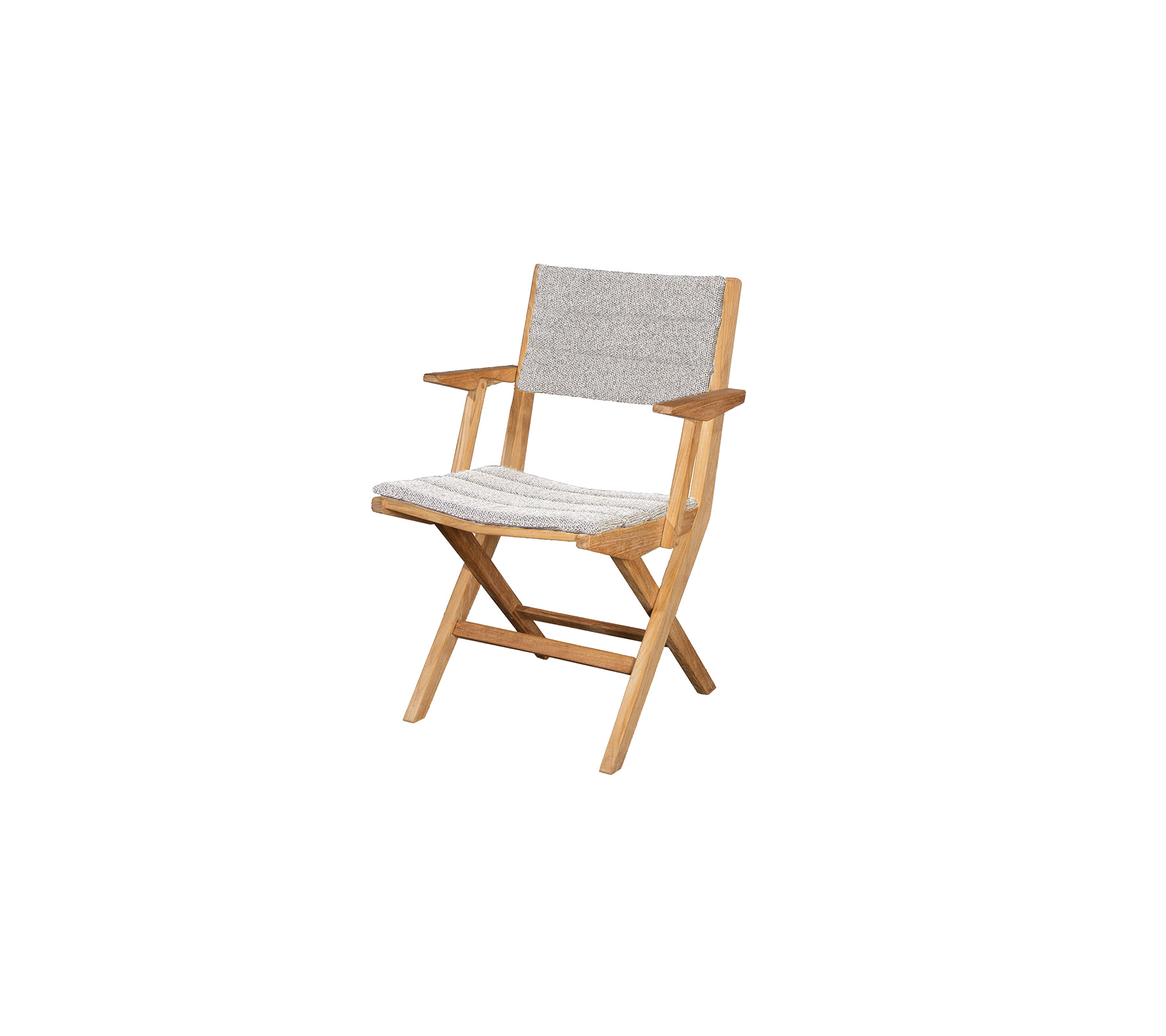 Wooden folding chair with a light fabric seat and back, featuring simple armrests and a minimalist design. Ideal for various settings.