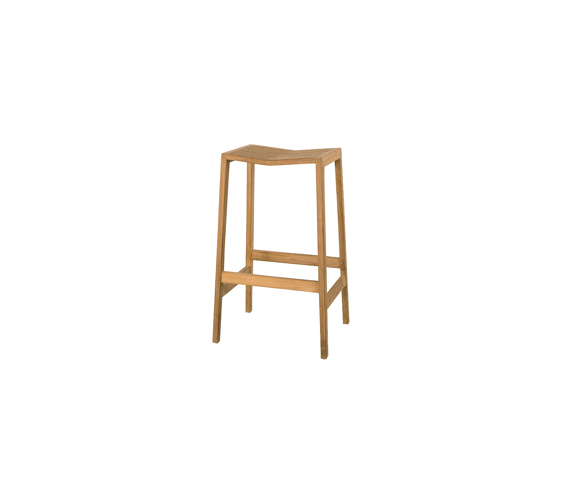 Simple wooden stool with a natural finish and four legs, featuring a supportive footrest for added comfort.