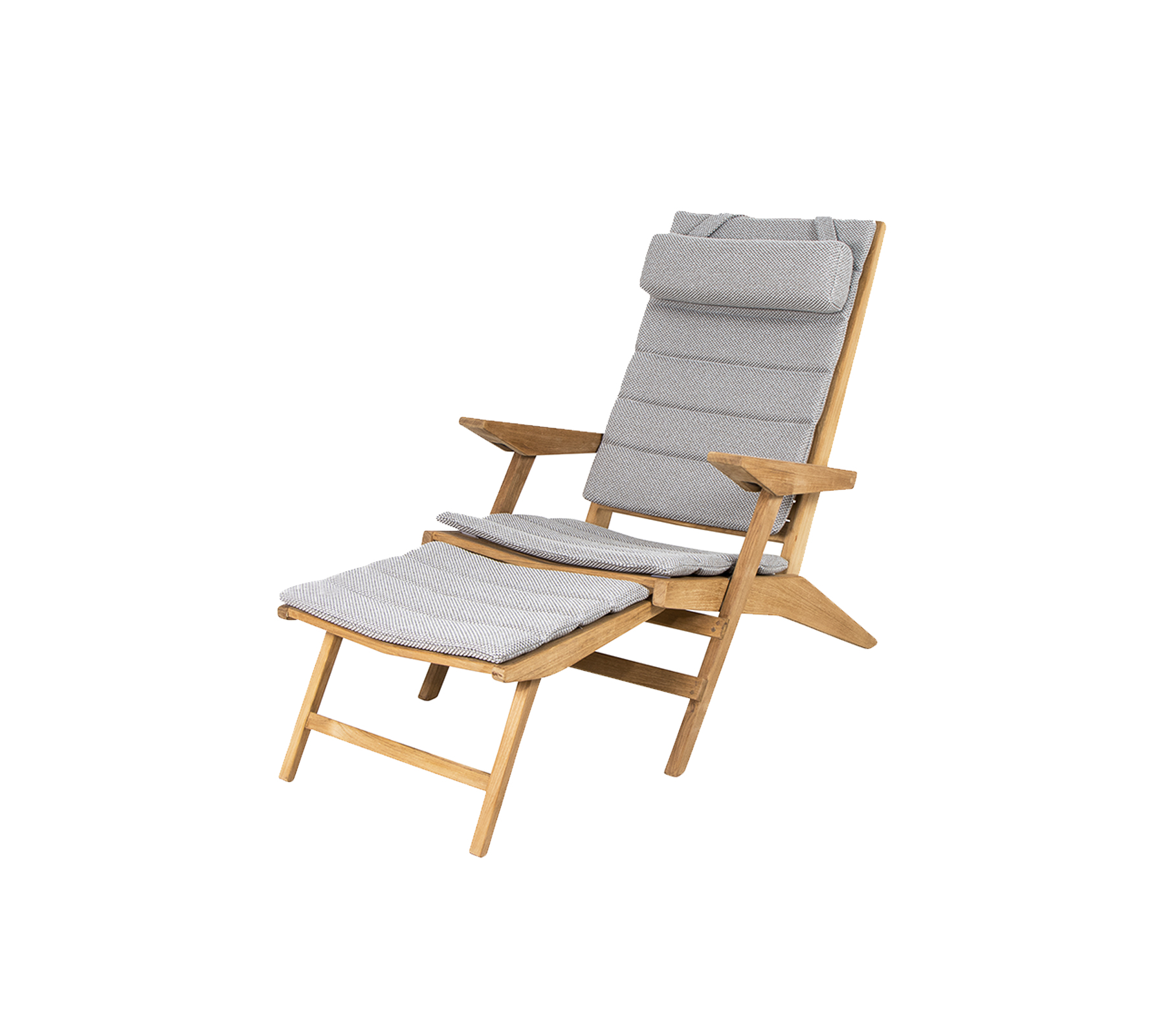 A comfortable wooden chair with a grey cushioned seat and backrest, featuring a reclining design and a matching footrest.