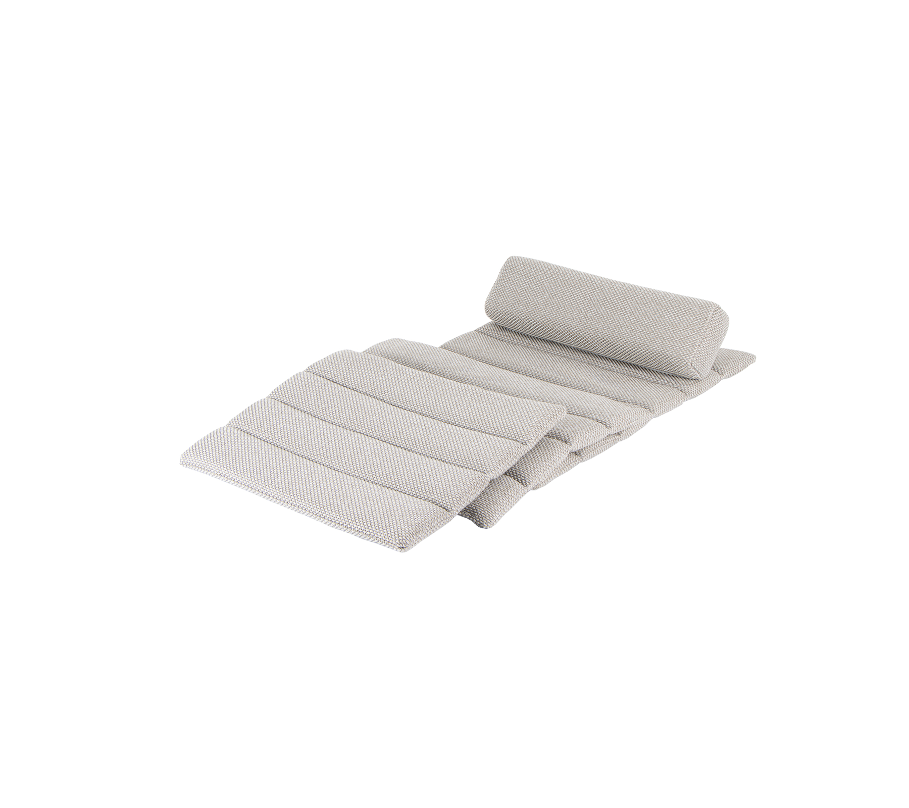 Light gray cushioned mat with a rolled end and multiple horizontal folds for added comfort. Ideal for lounging or relaxation.