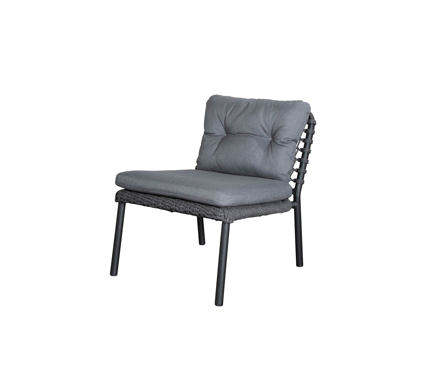 Stylish chair with a plush gray cushion and a woven frame, offering comfort and modern design for various settings.