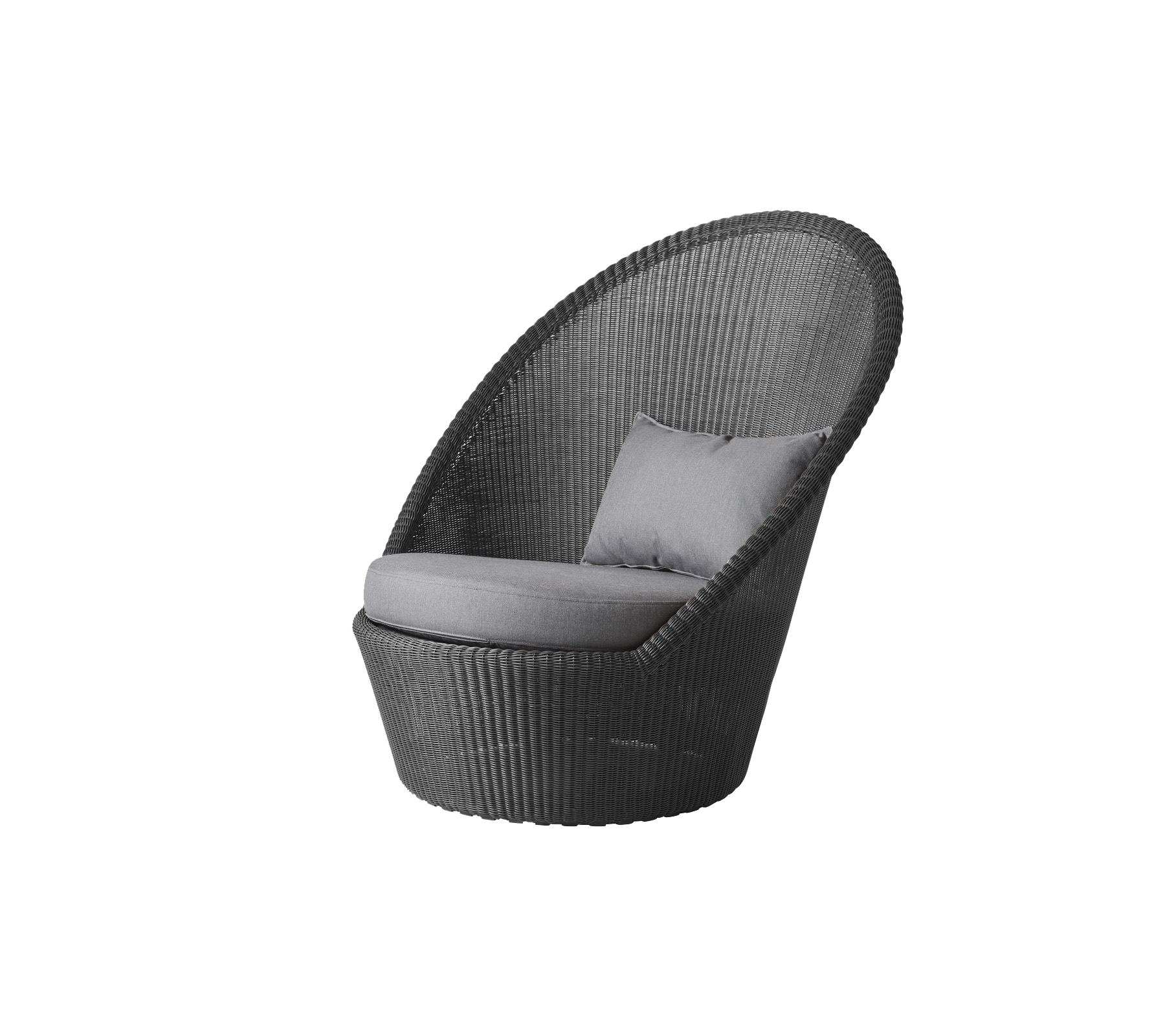 Stylish chair with a curved design, featuring a comfortable cushion and a woven texture in a sleek grey color. Ideal for relaxation.