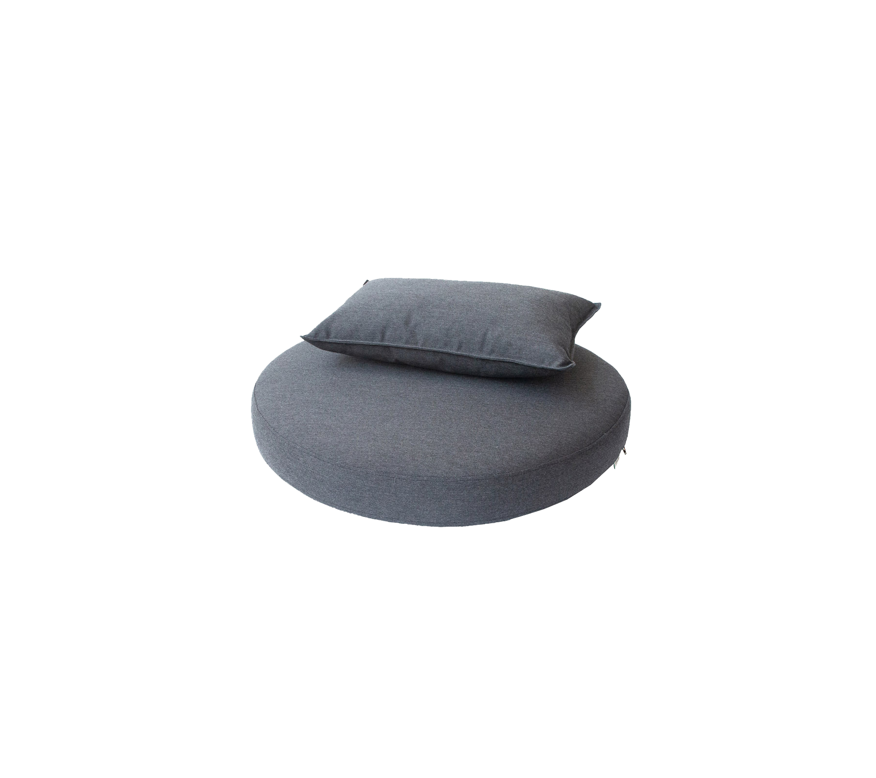 Round cushion in a dark gray fabric, topped with a smaller rectangular pillow, designed for comfort and relaxation.