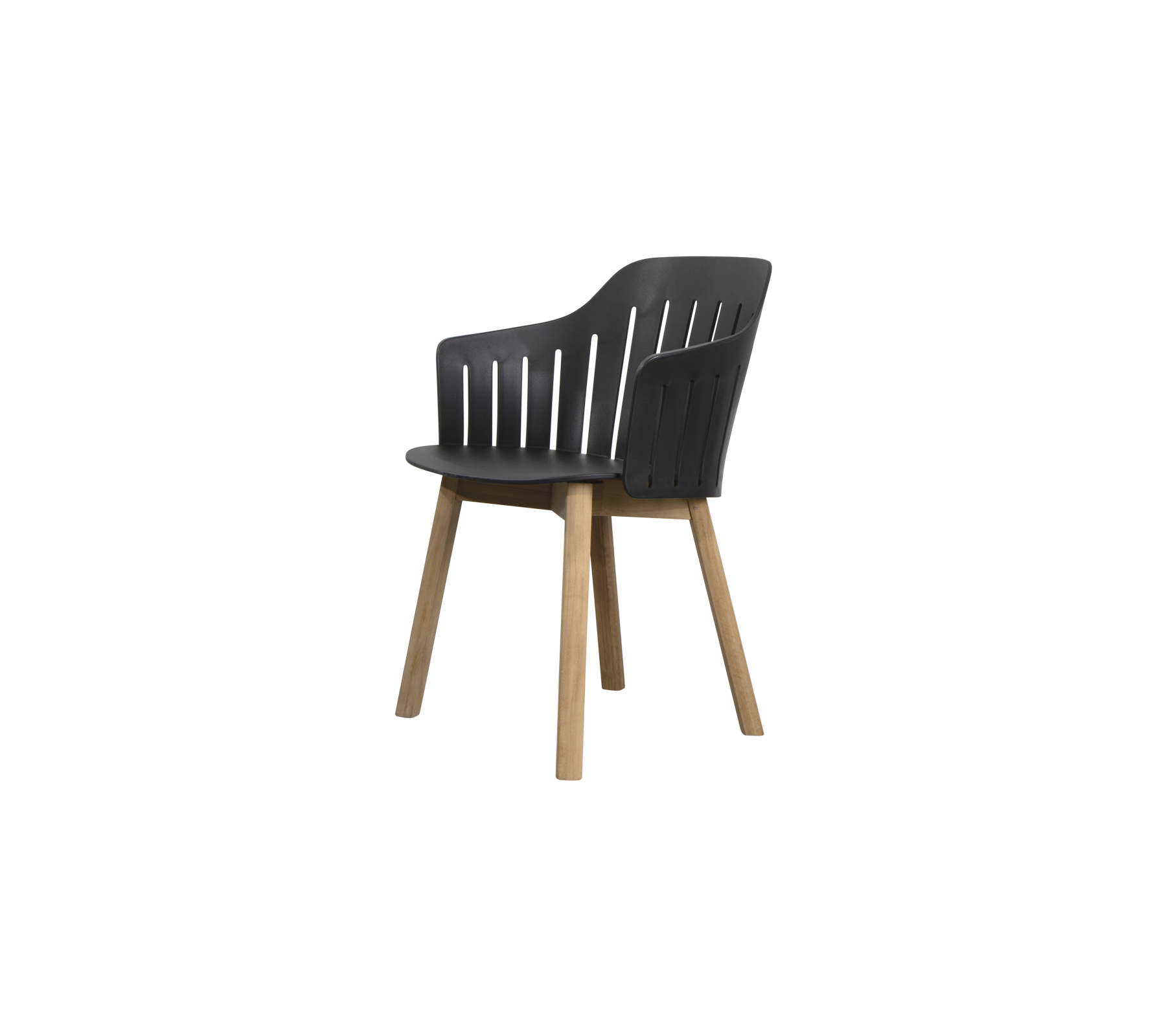 Sleek, modern chair featuring a molded seat with a slatted back and wooden legs for style and comfort.