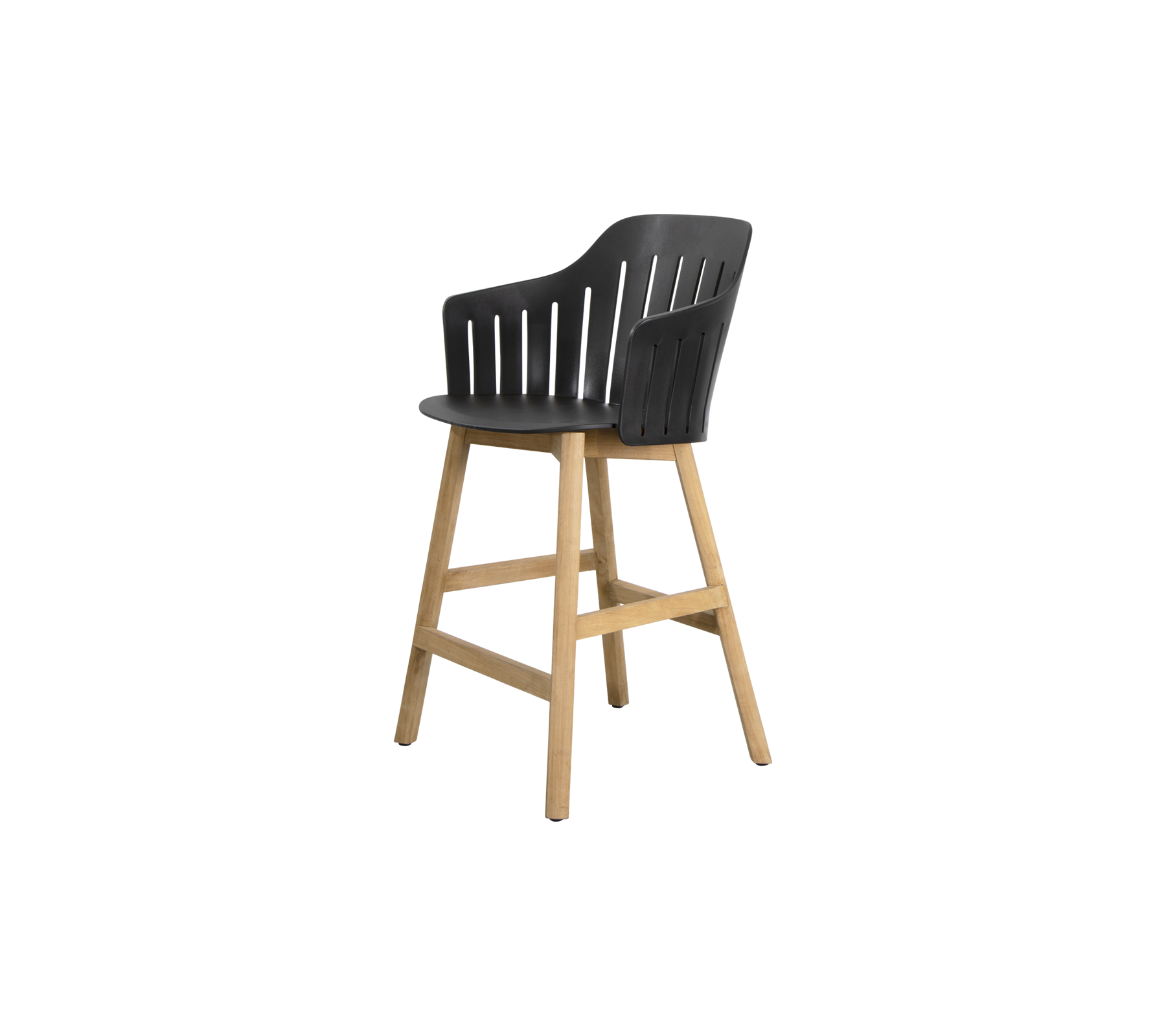 Stylish high chair with a sleek black seat and natural wood legs, offering a modern and comfortable seating option.