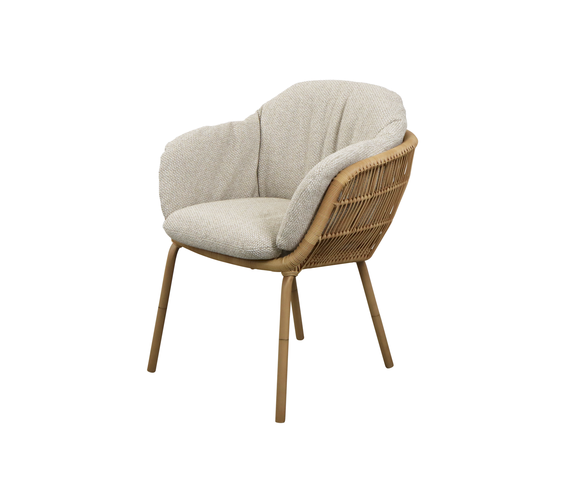 Stylish curved chair with a woven frame and soft fabric upholstery, offering comfort and a modern aesthetic.