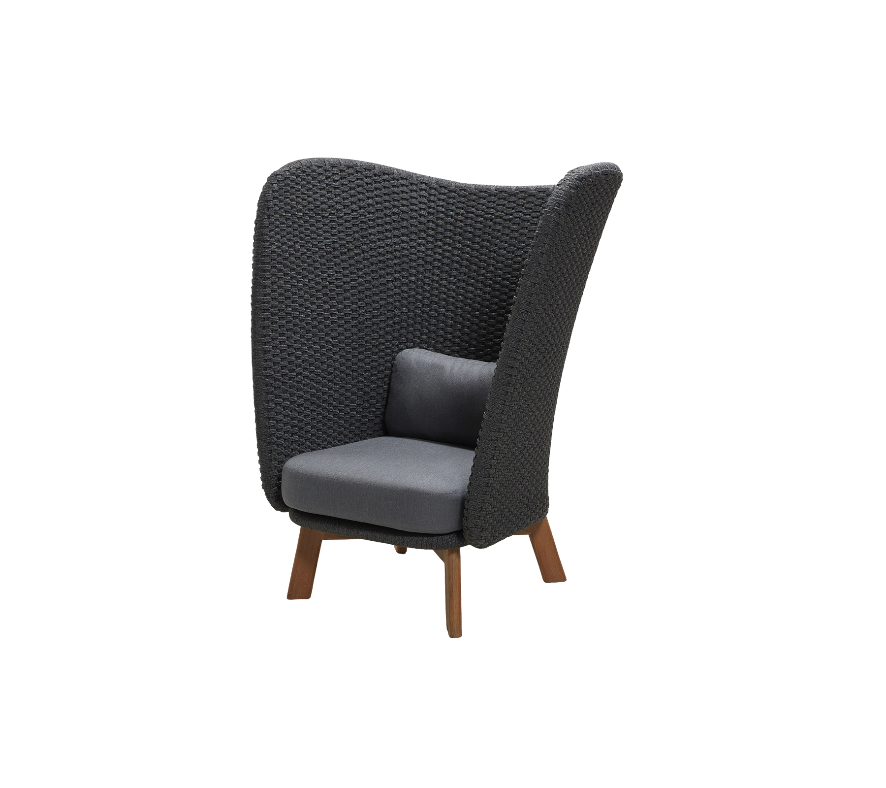 Stylish chair with a high, woven back and comfortable gray cushion, featuring wooden legs for a modern touch.