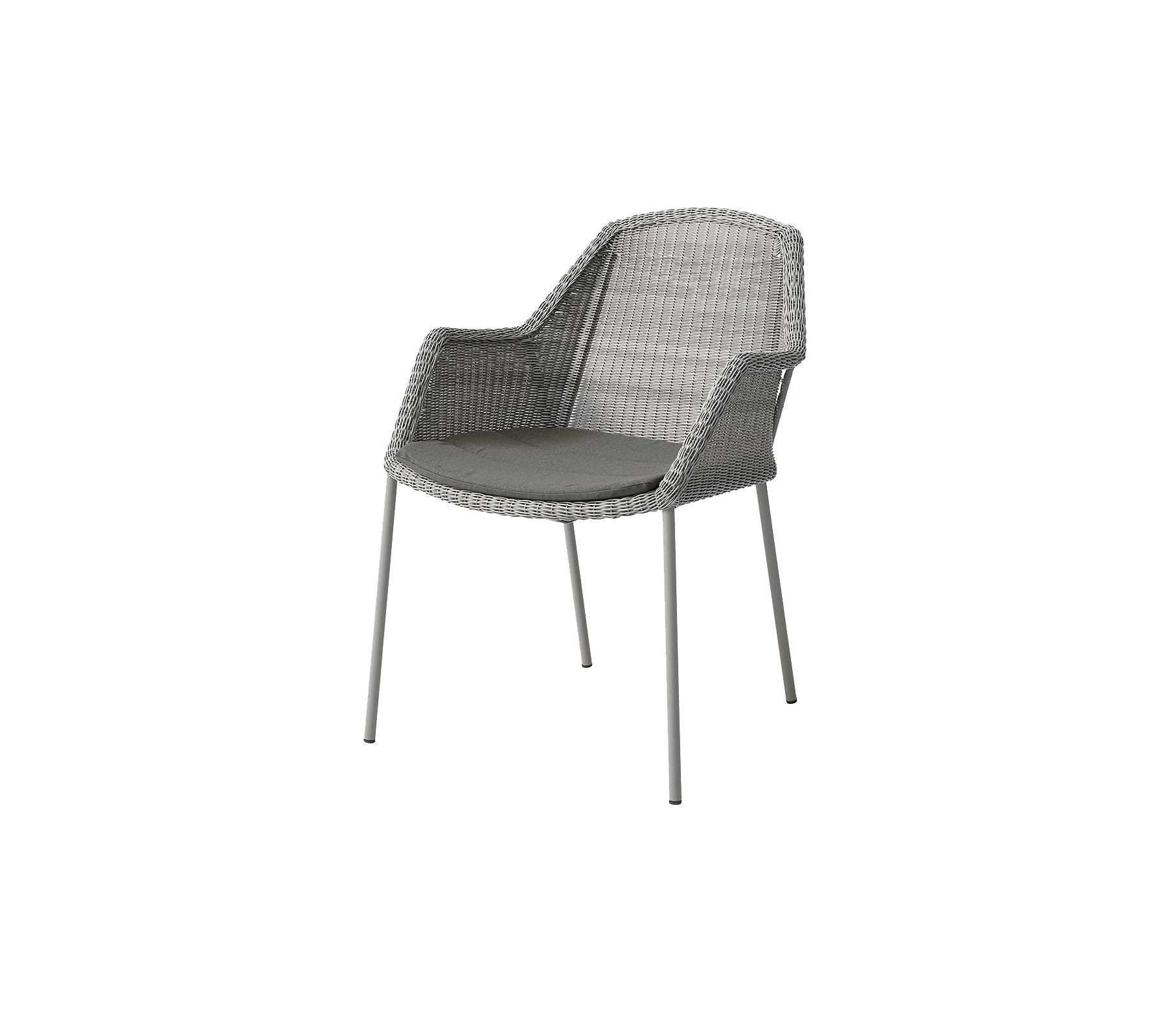 A modern chair featuring a woven design with a cushioned seat, supported by sleek metal legs in a neutral gray tone.