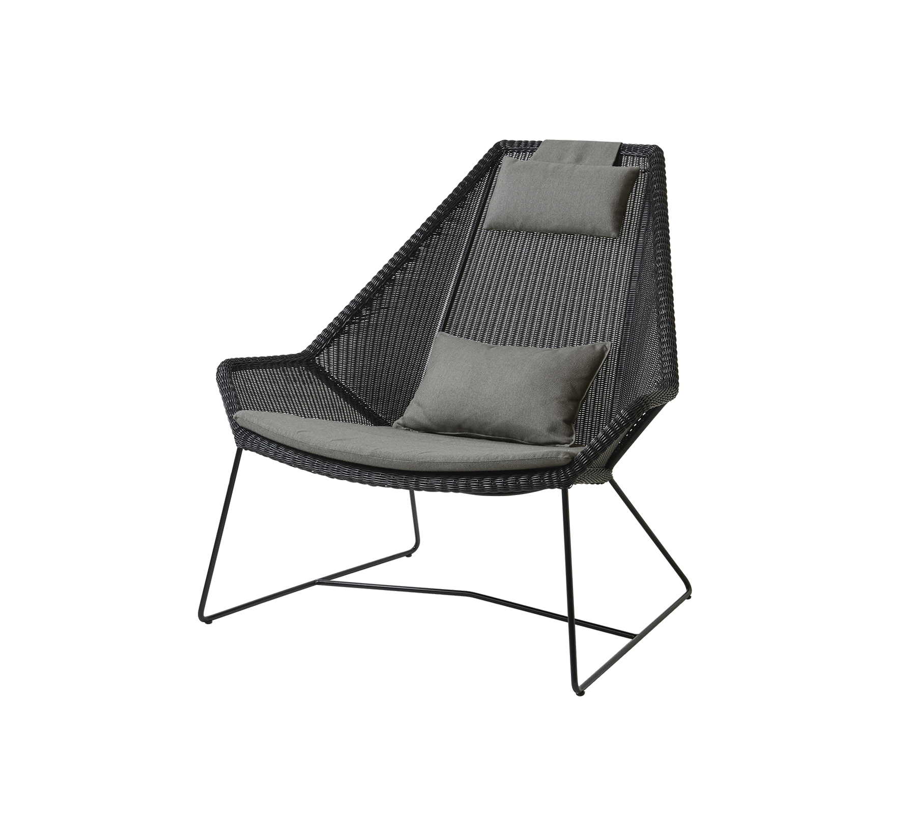Stylish chair with a woven design and comfortable gray cushions, featuring sleek metal legs for modern decor.